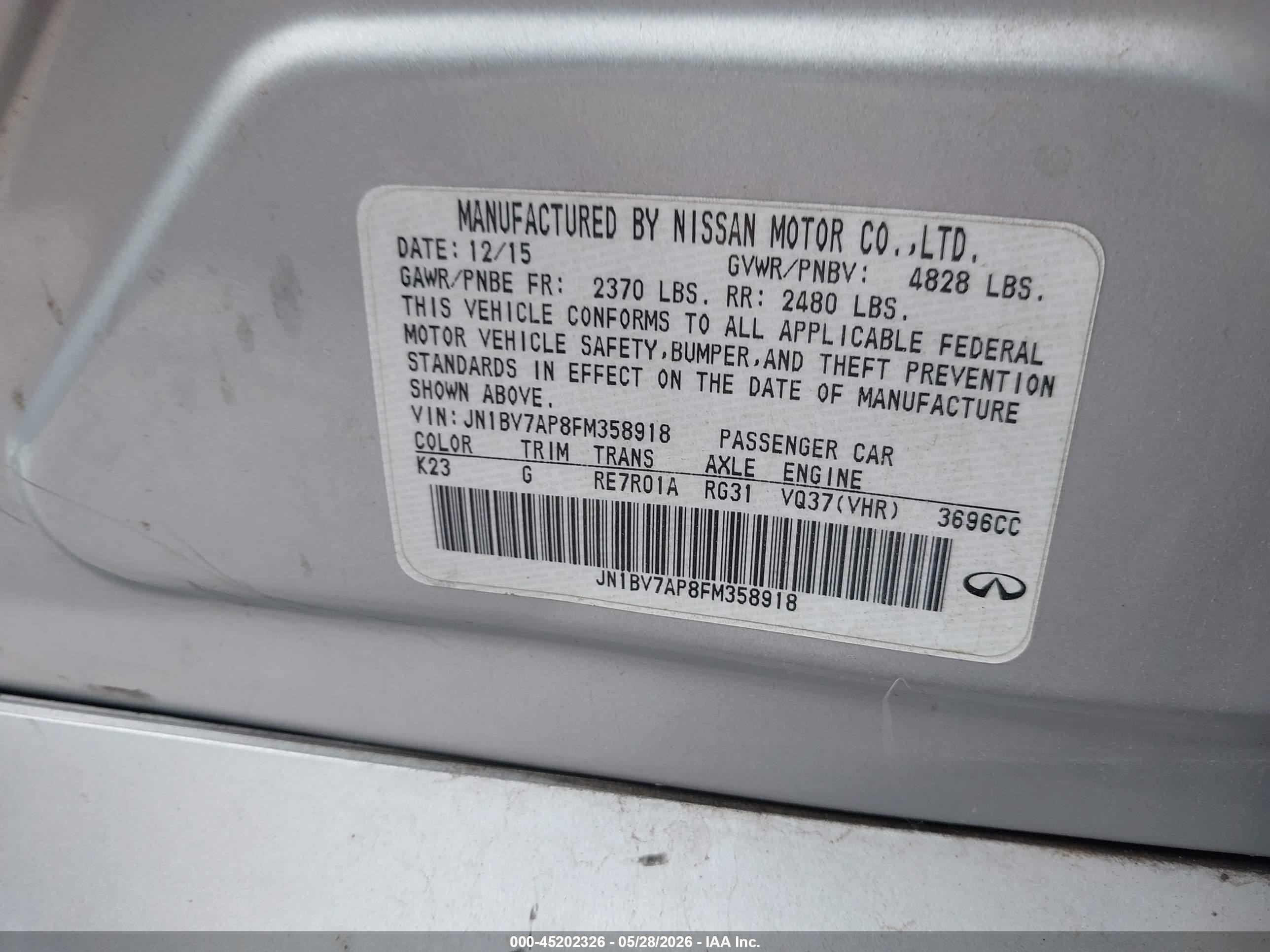 2015 Infiniti Q50   Серебряный vin: JN1BV7AP8FM358918