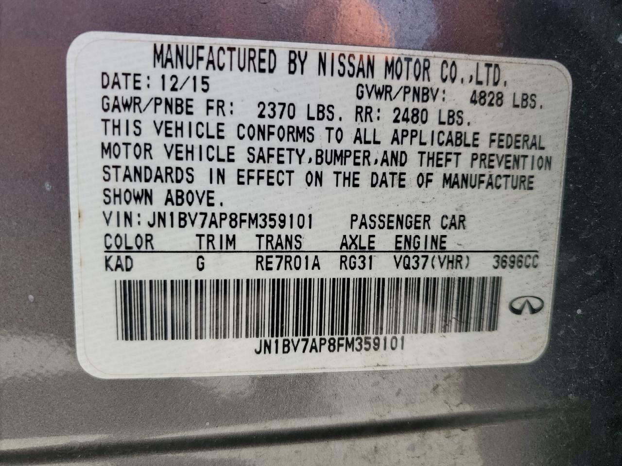 2015 Infiniti Q50 Base Gray vin: JN1BV7AP8FM359101