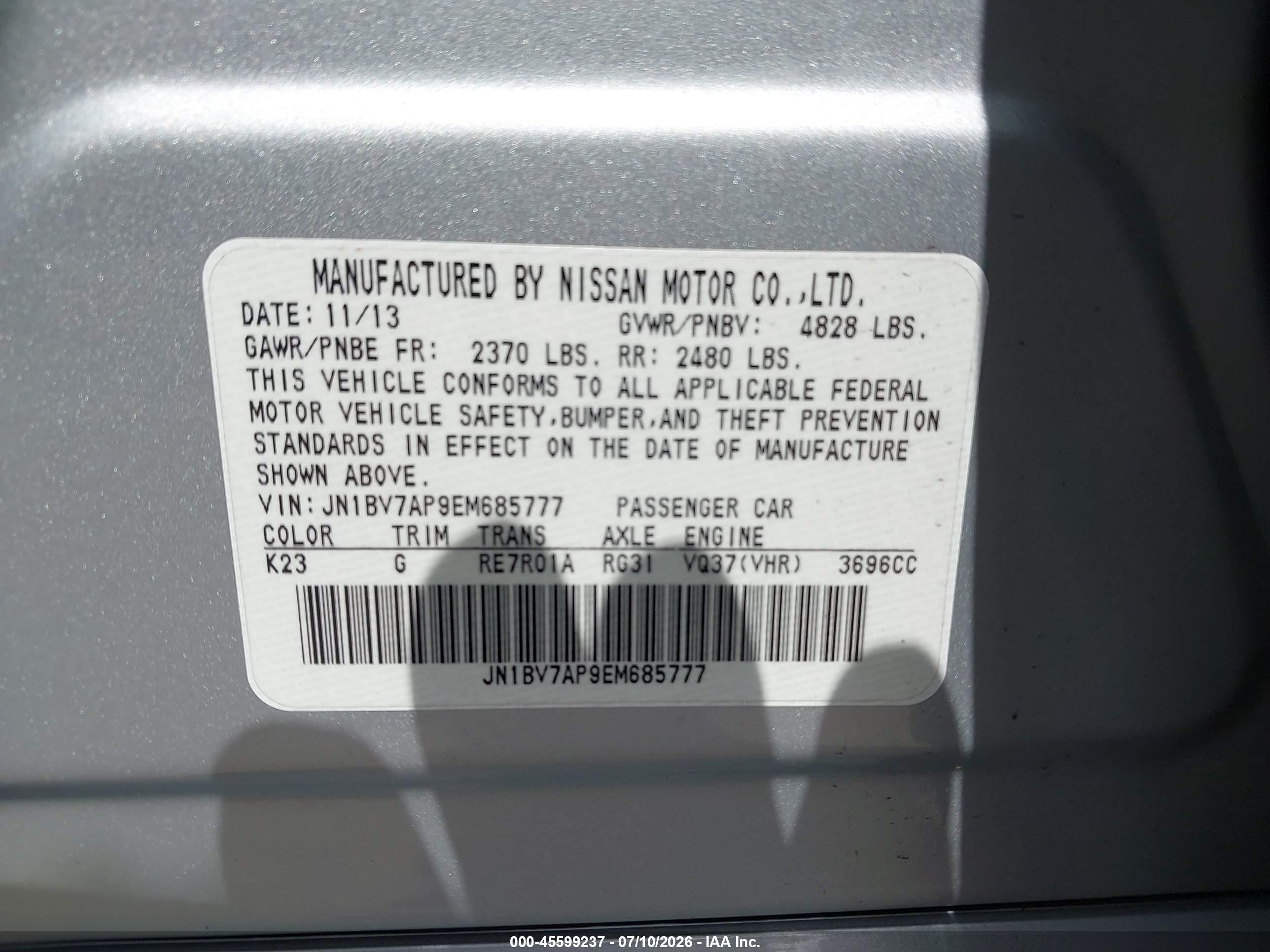 2014 Infiniti Q50 Sport Silver vin: JN1BV7AP9EM685777