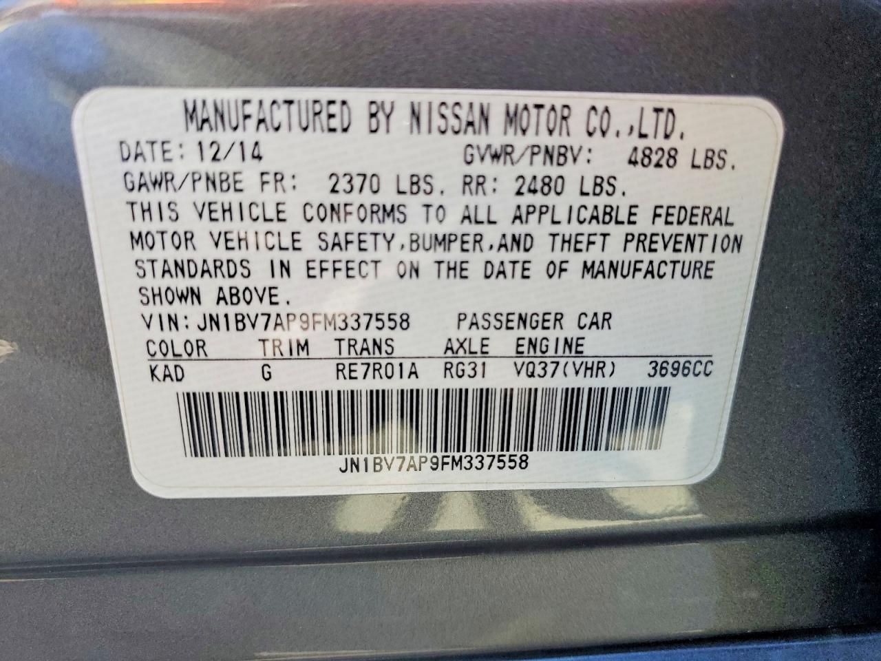 2015 Infiniti Q50 Base Gray vin: JN1BV7AP9FM337558
