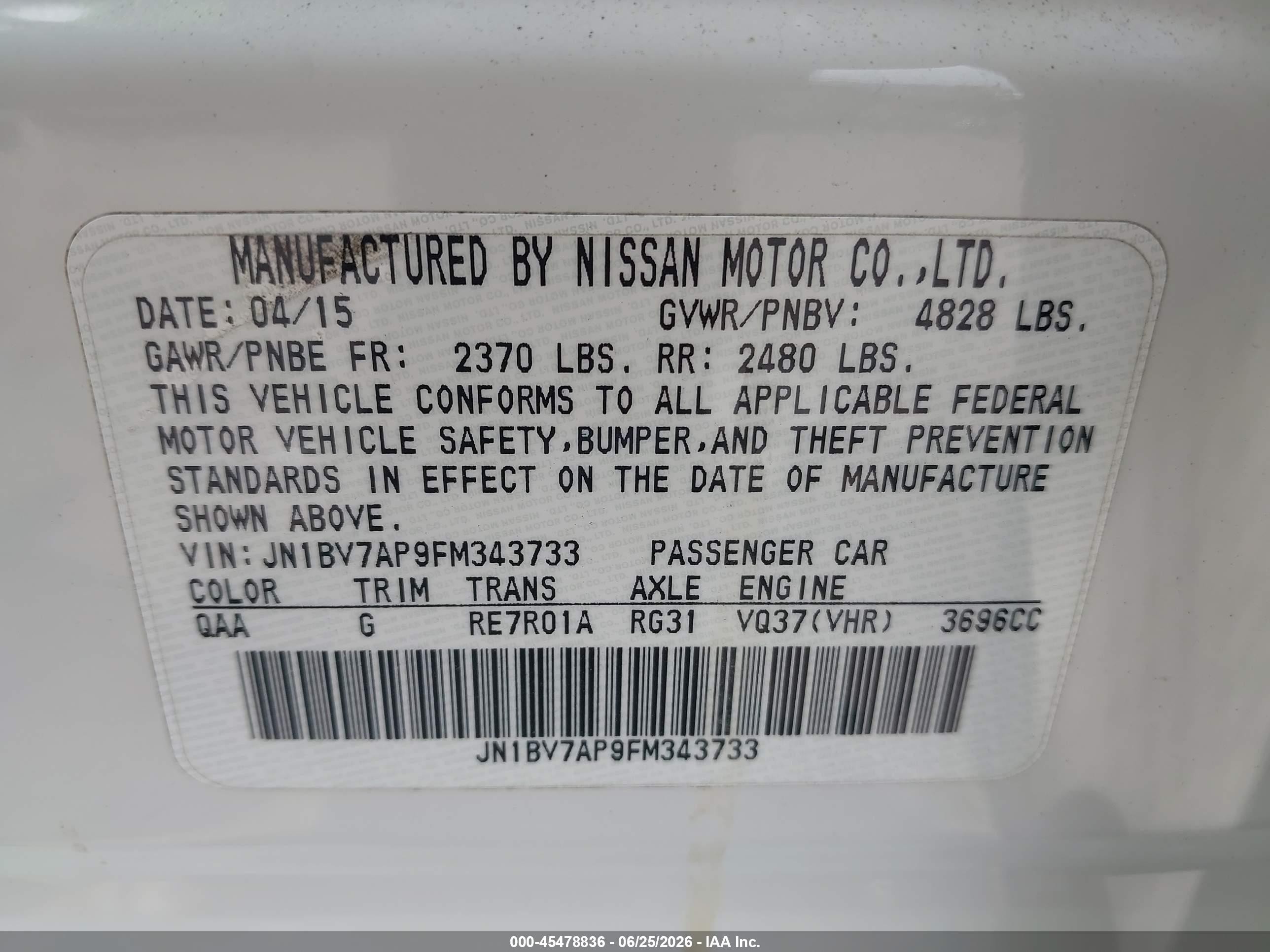 2015 Infiniti Q50 Premium White vin: JN1BV7AP9FM343733