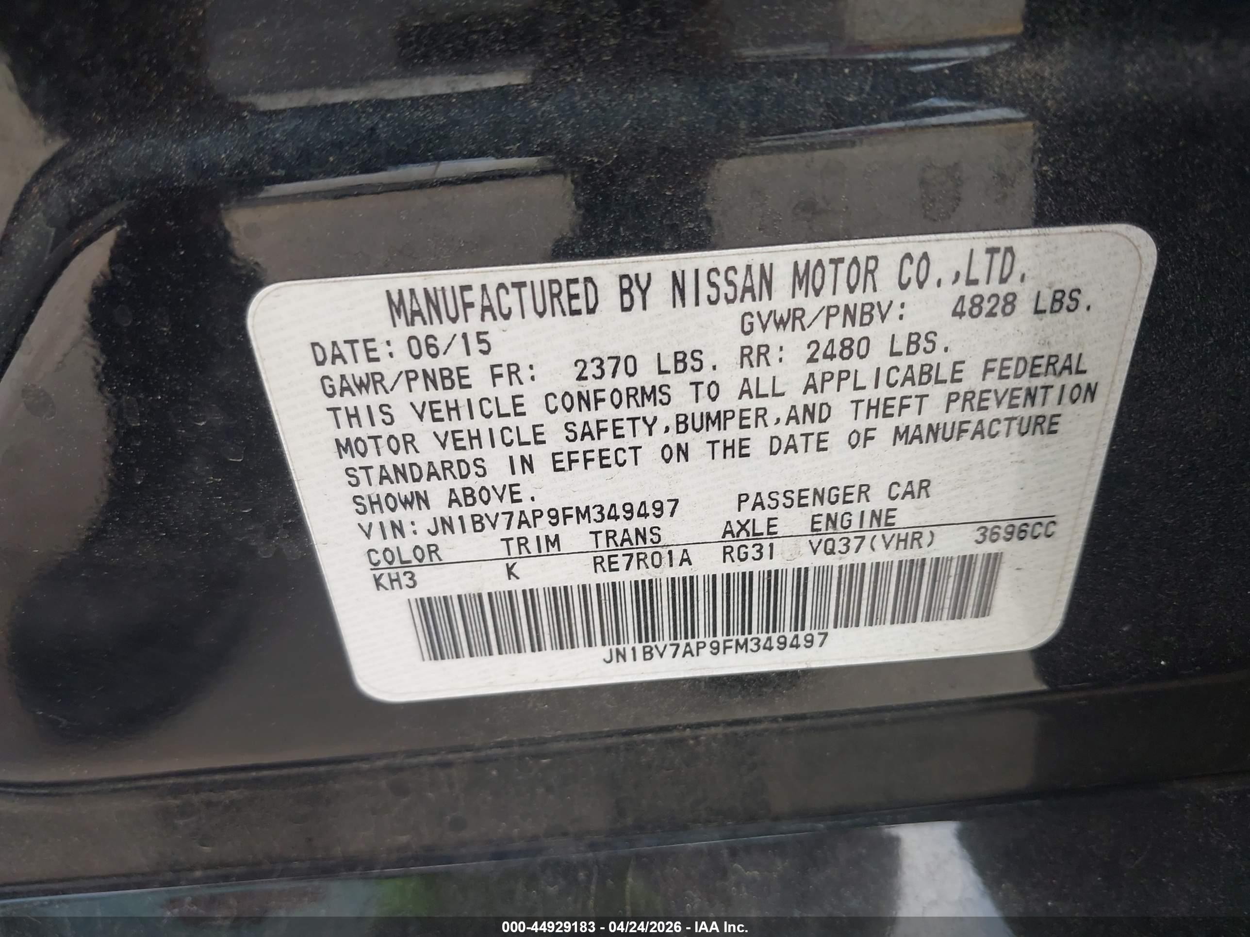 2015 Infiniti Q50 Premium Black vin: JN1BV7AP9FM349497