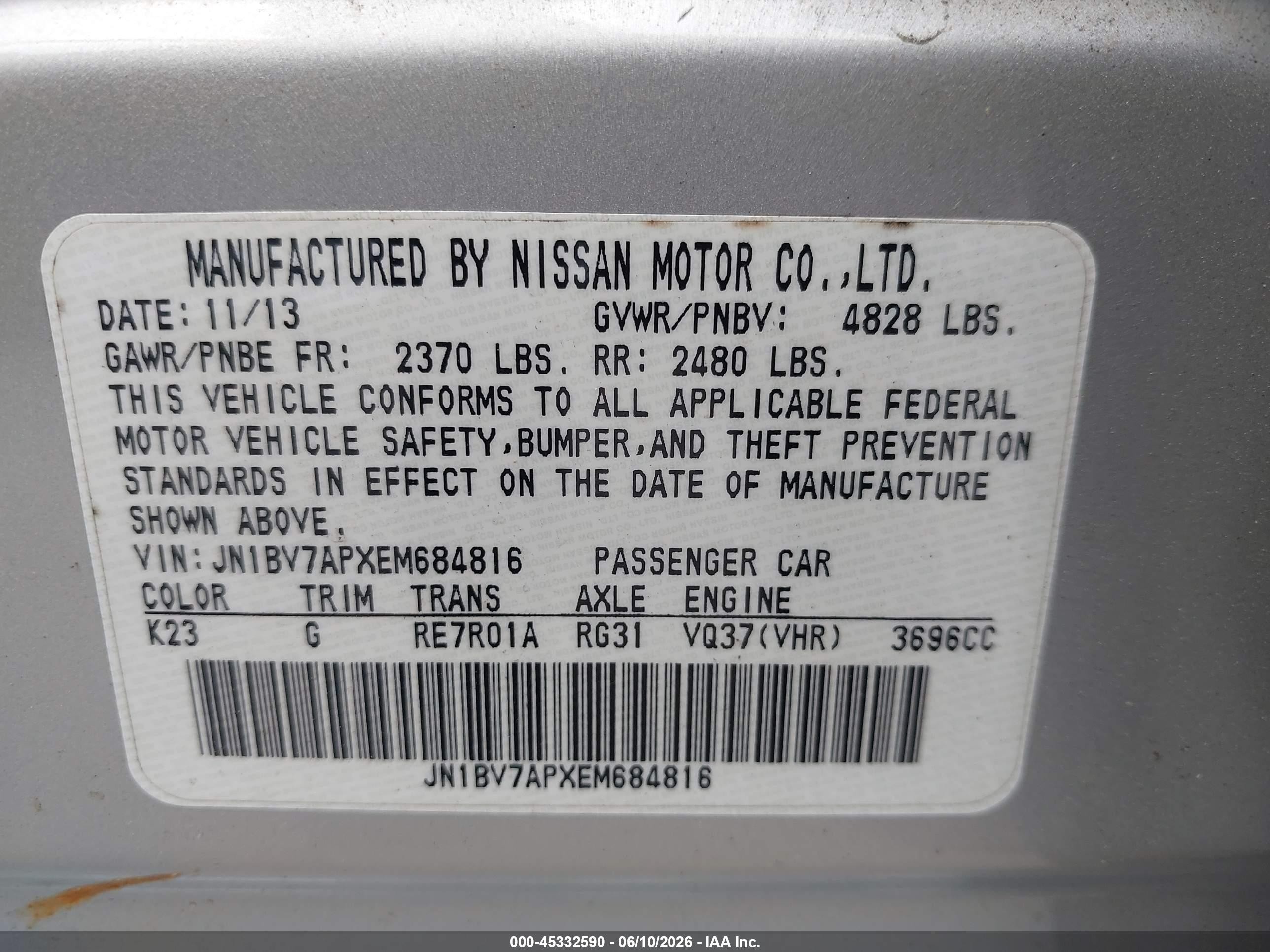 2014 Infiniti Q50 Premium Silver vin: JN1BV7APXEM684816