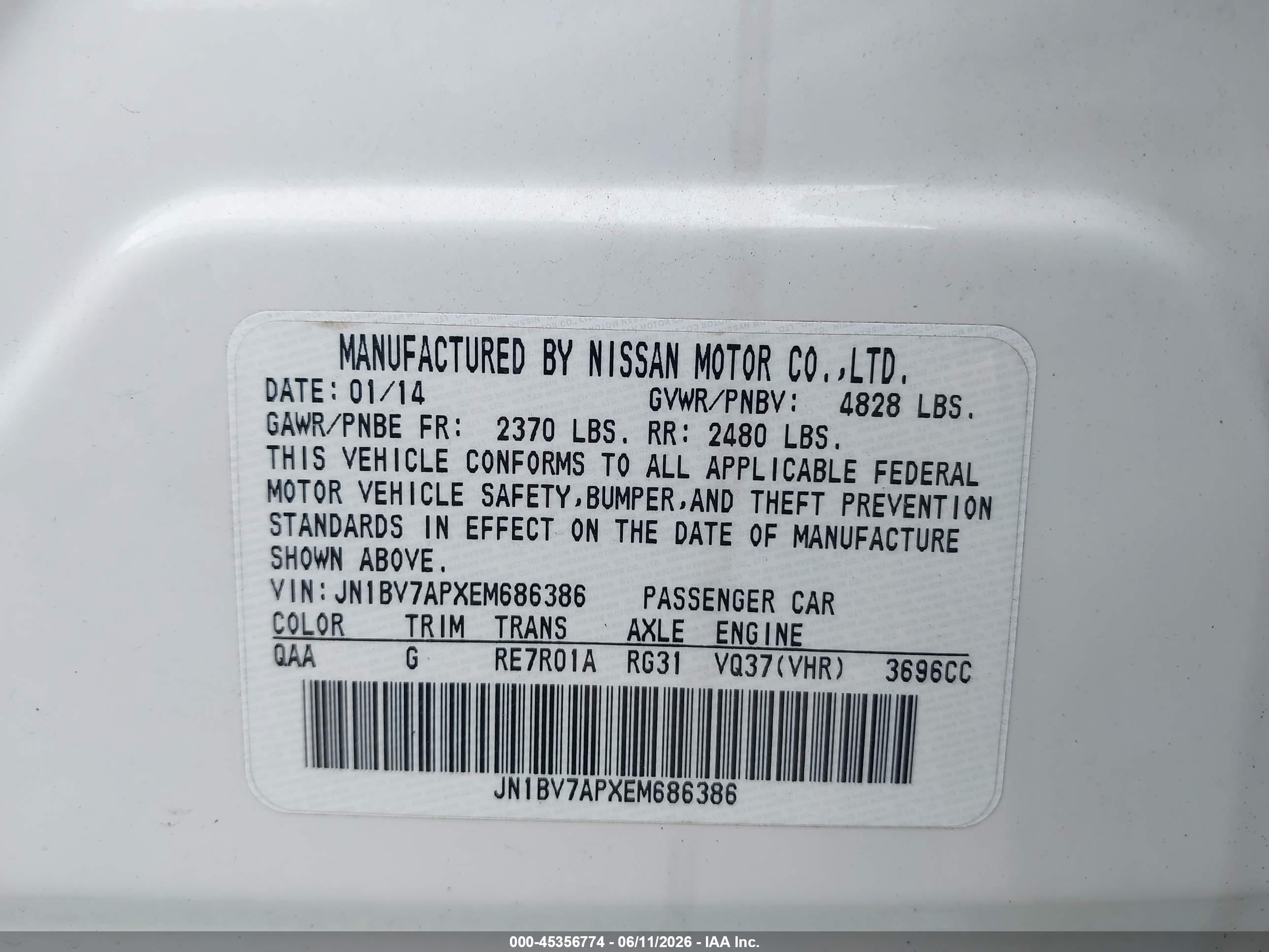 2014 Infiniti Q50 Premium White vin: JN1BV7APXEM686386