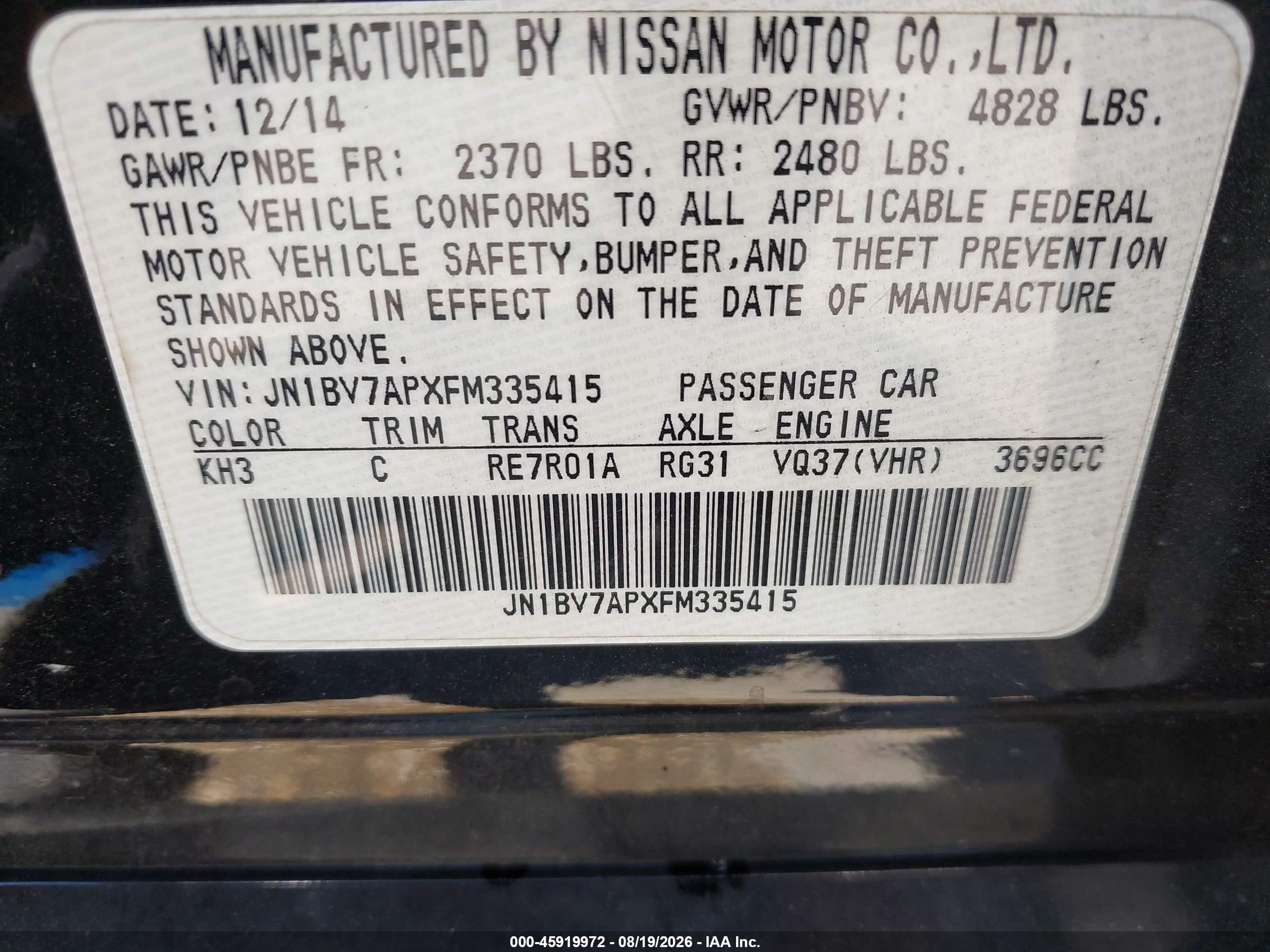 2015 Infiniti Q50 Premium Black vin: JN1BV7APXFM335415