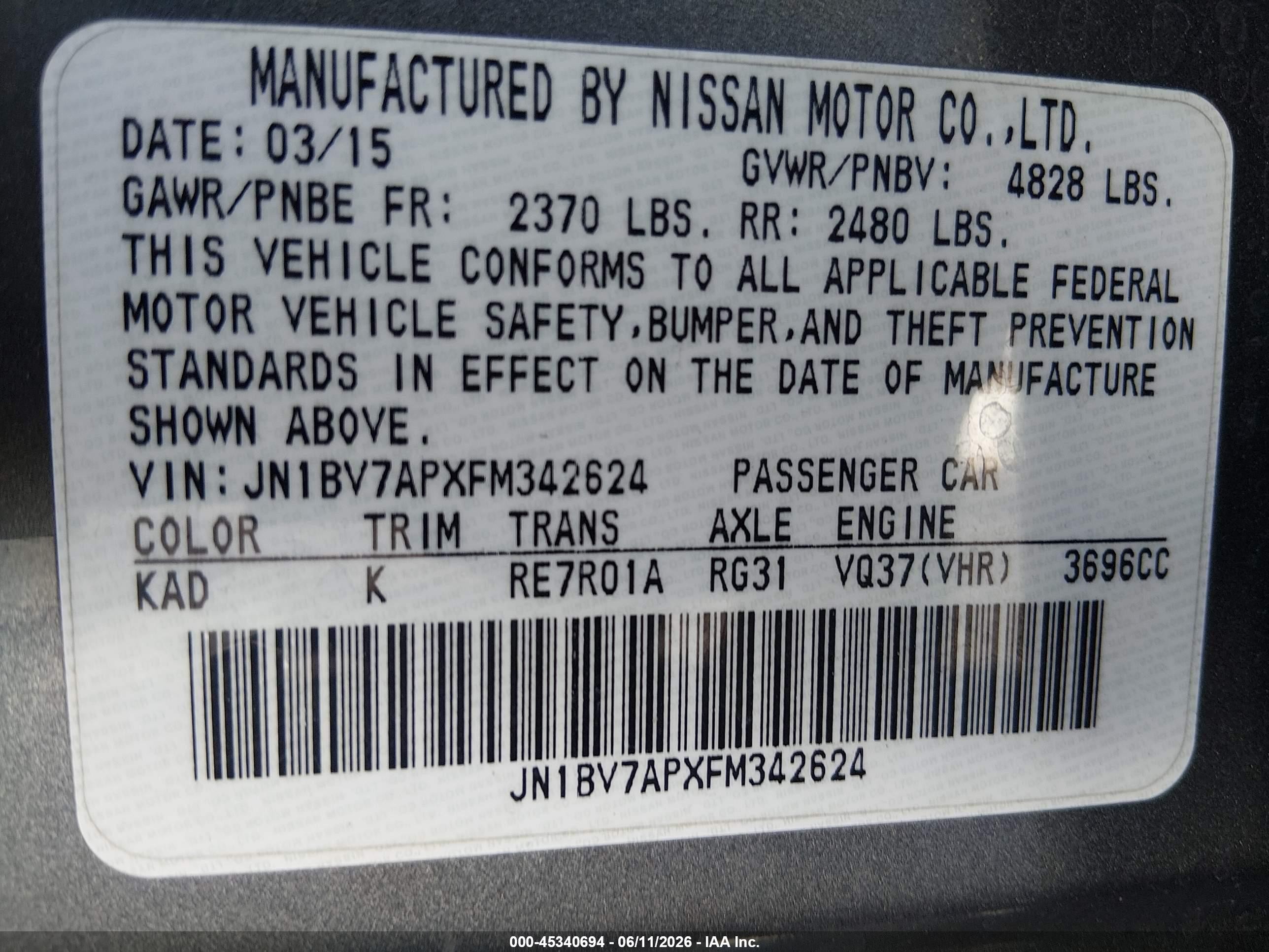 2015 Infiniti Q50 Premium Gray vin: JN1BV7APXFM342624