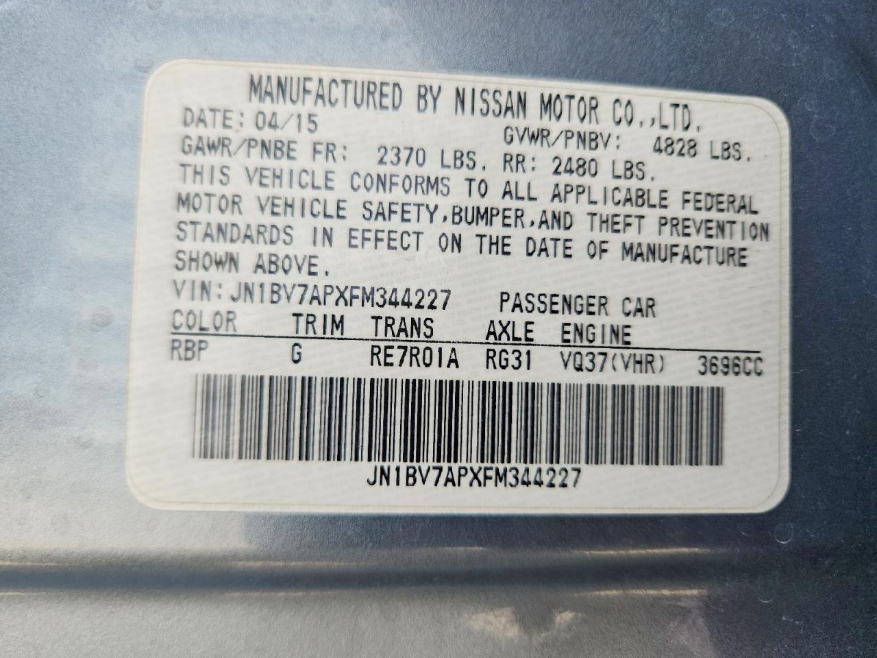 2015 Infiniti Q50 Base Blue vin: JN1BV7APXFM344227