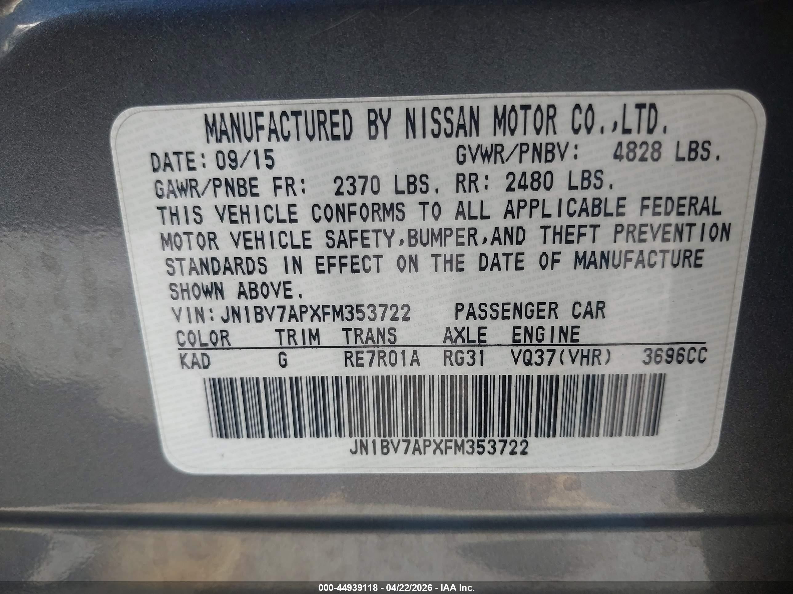 2015 Infiniti Q50 Premium Gray vin: JN1BV7APXFM353722