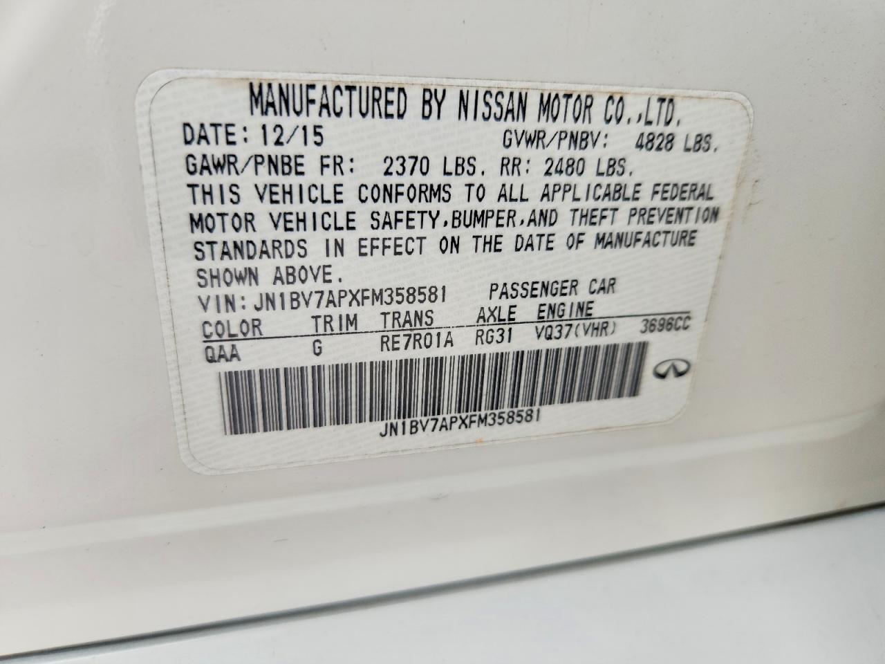 2015 Infiniti Q50 Base White vin: JN1BV7APXFM358581