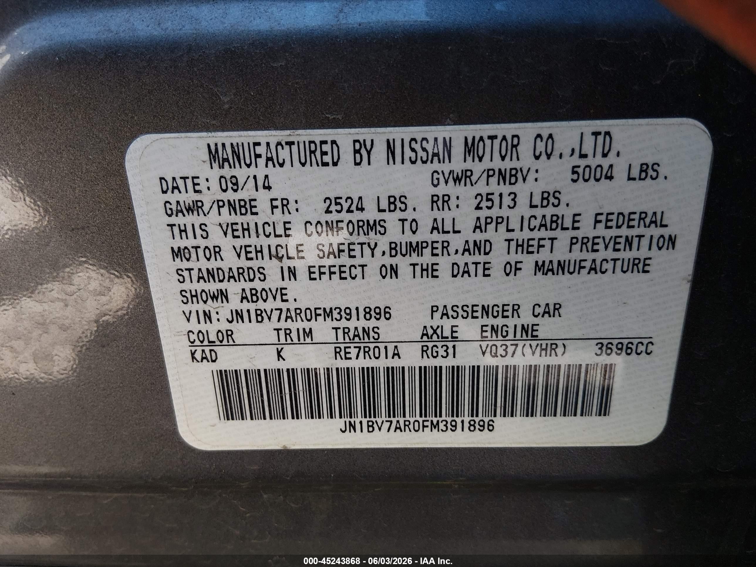 2015 Infiniti Q50 Premium Gray vin: JN1BV7AR0FM391896