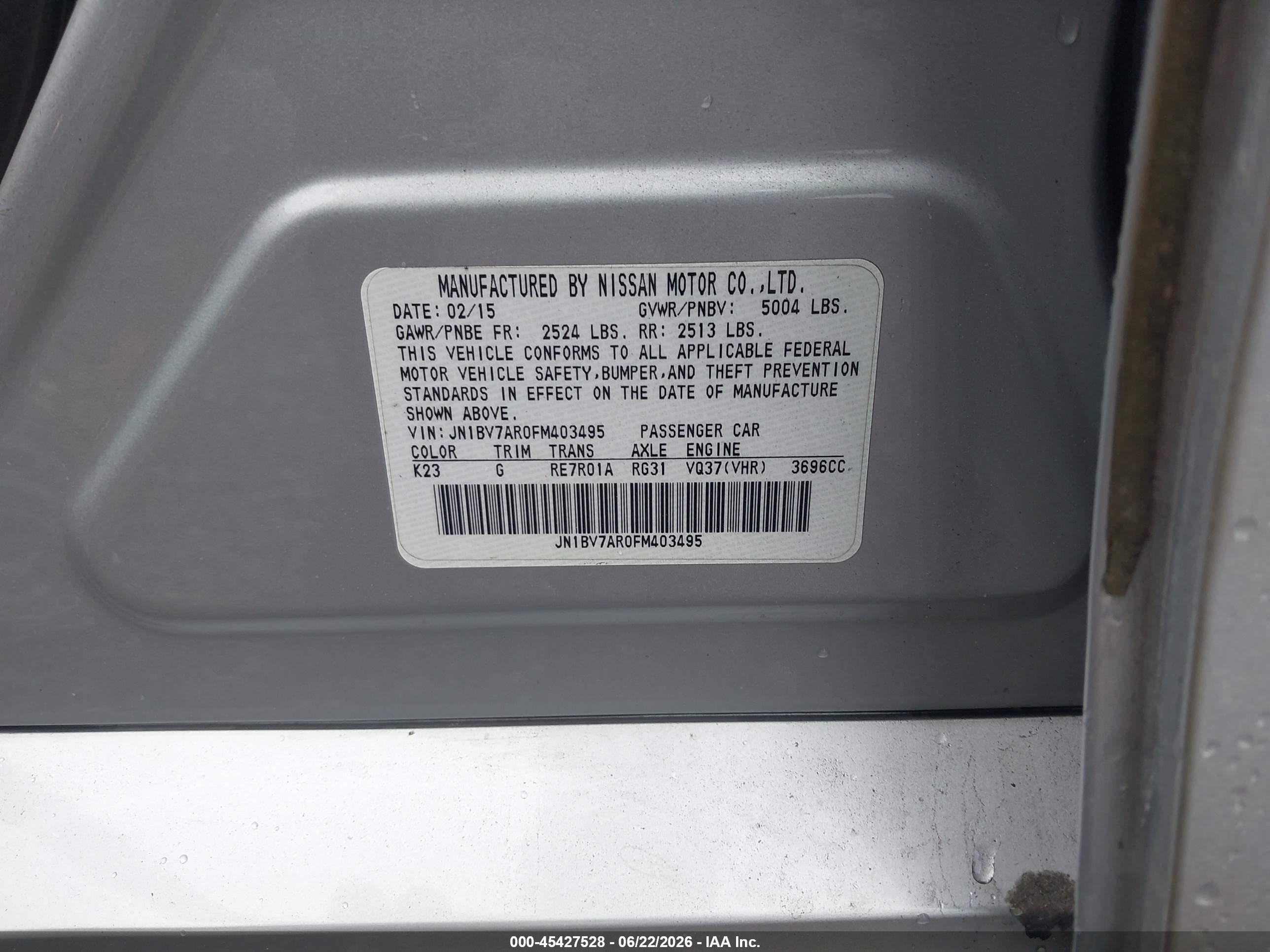 2015 Infiniti Q50 Premium Silver vin: JN1BV7AR0FM403495