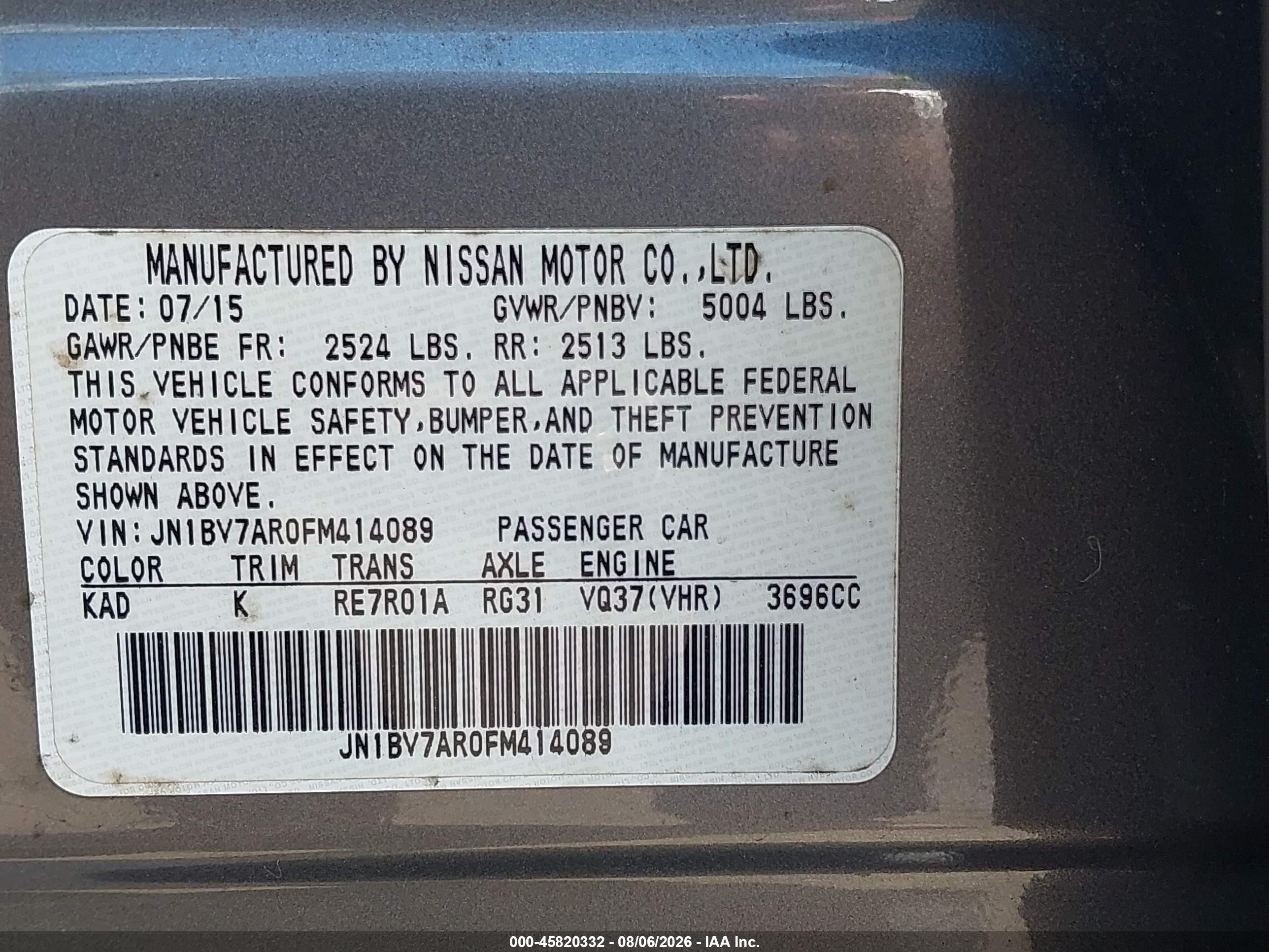 2015 Infiniti Q50 Premium Gray vin: JN1BV7AR0FM414089