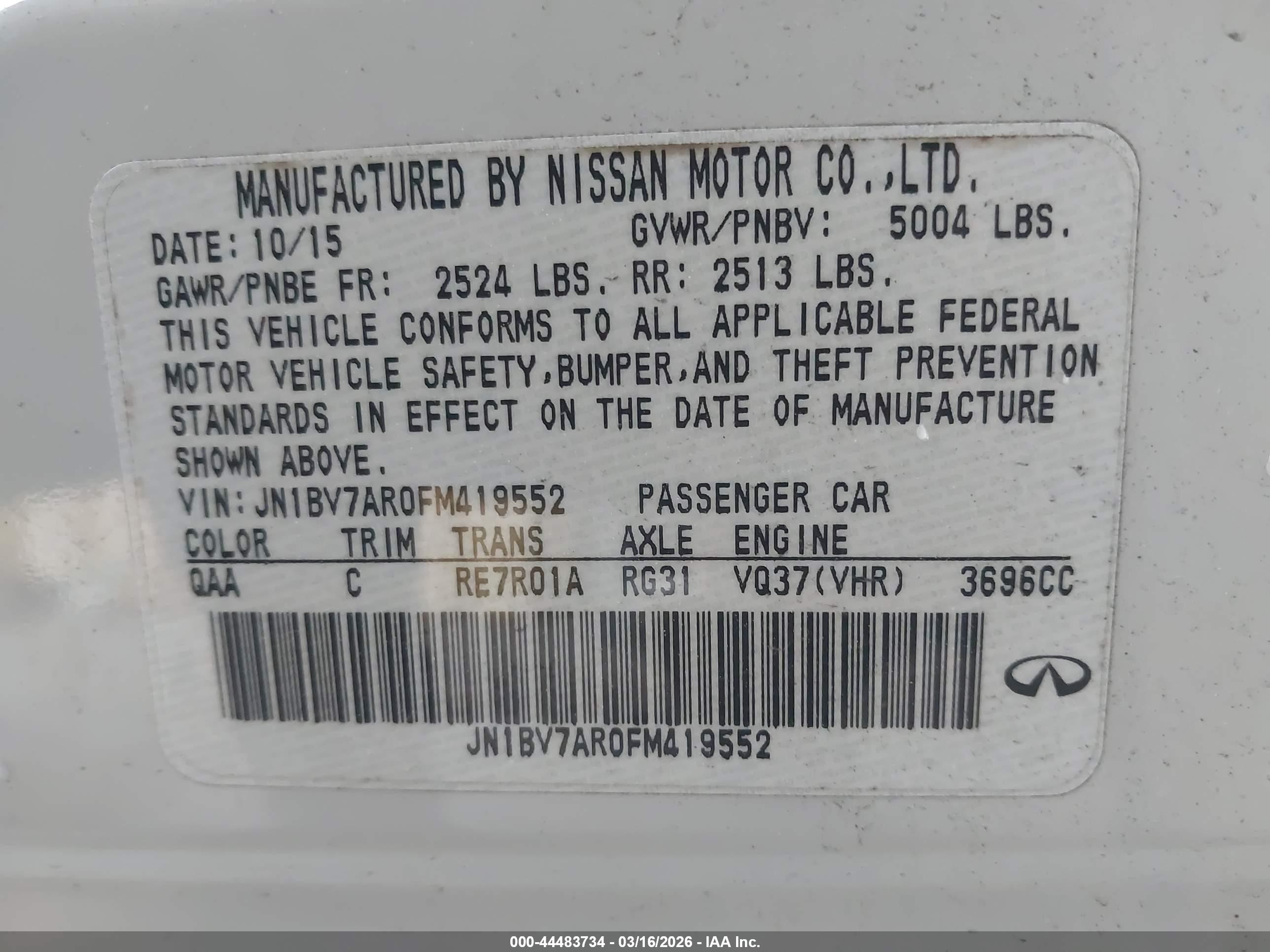 2015 Infiniti Q50 Premium Белый vin: JN1BV7AR0FM419552