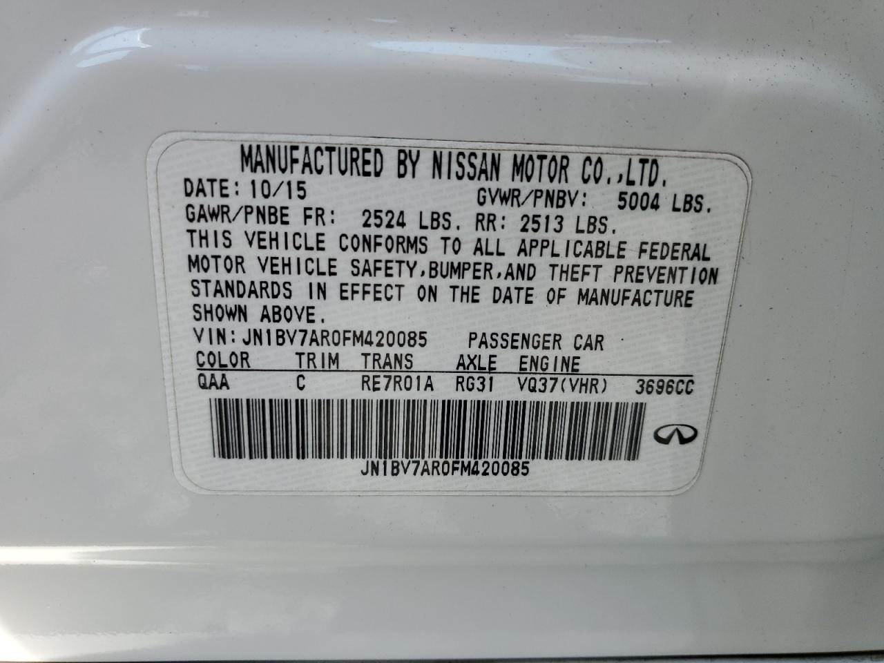 2015 Infiniti Q50 Premium White vin: JN1BV7AR0FM420085