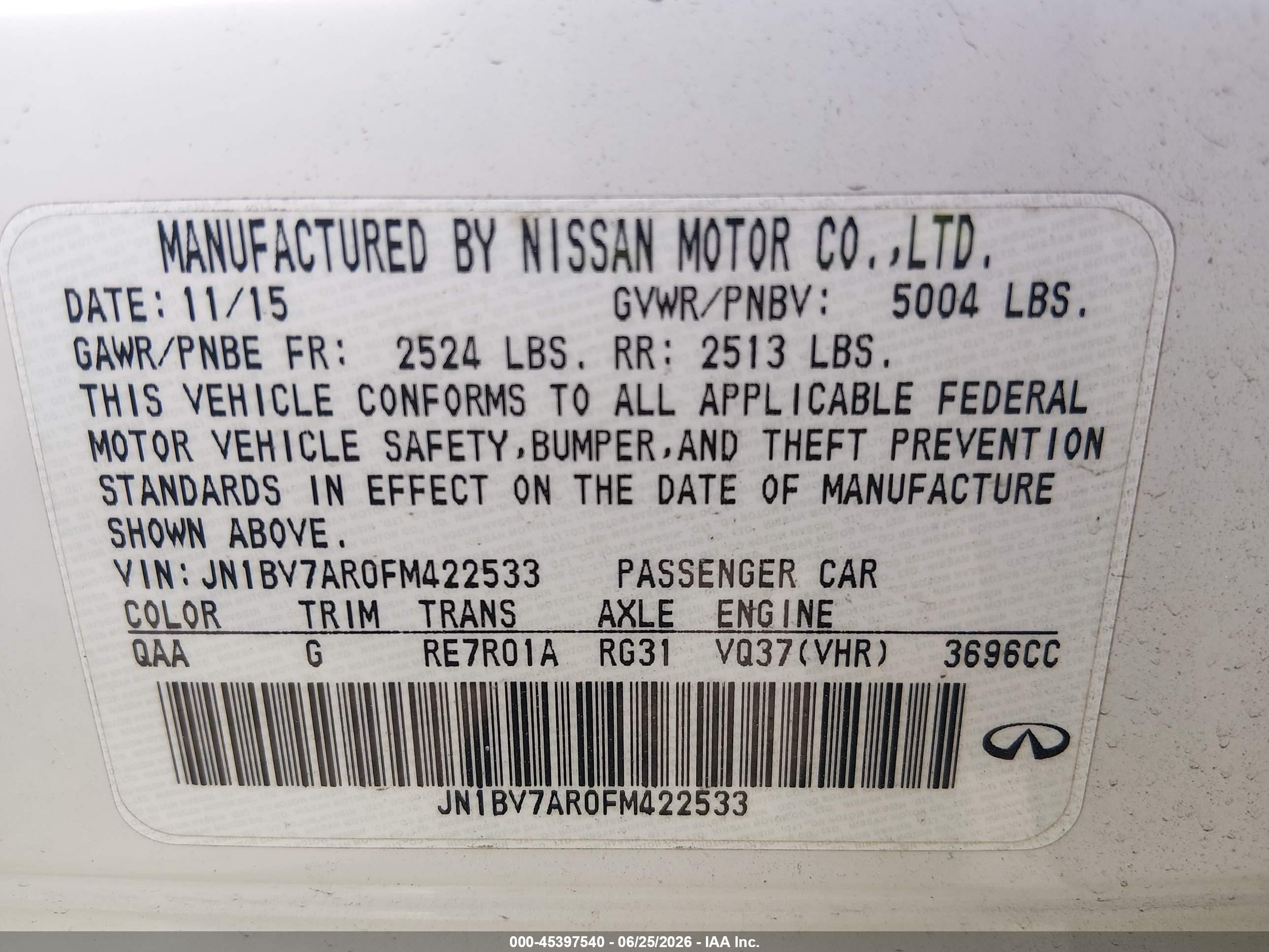 2015 Infiniti Q50 Premium Белый vin: JN1BV7AR0FM422533