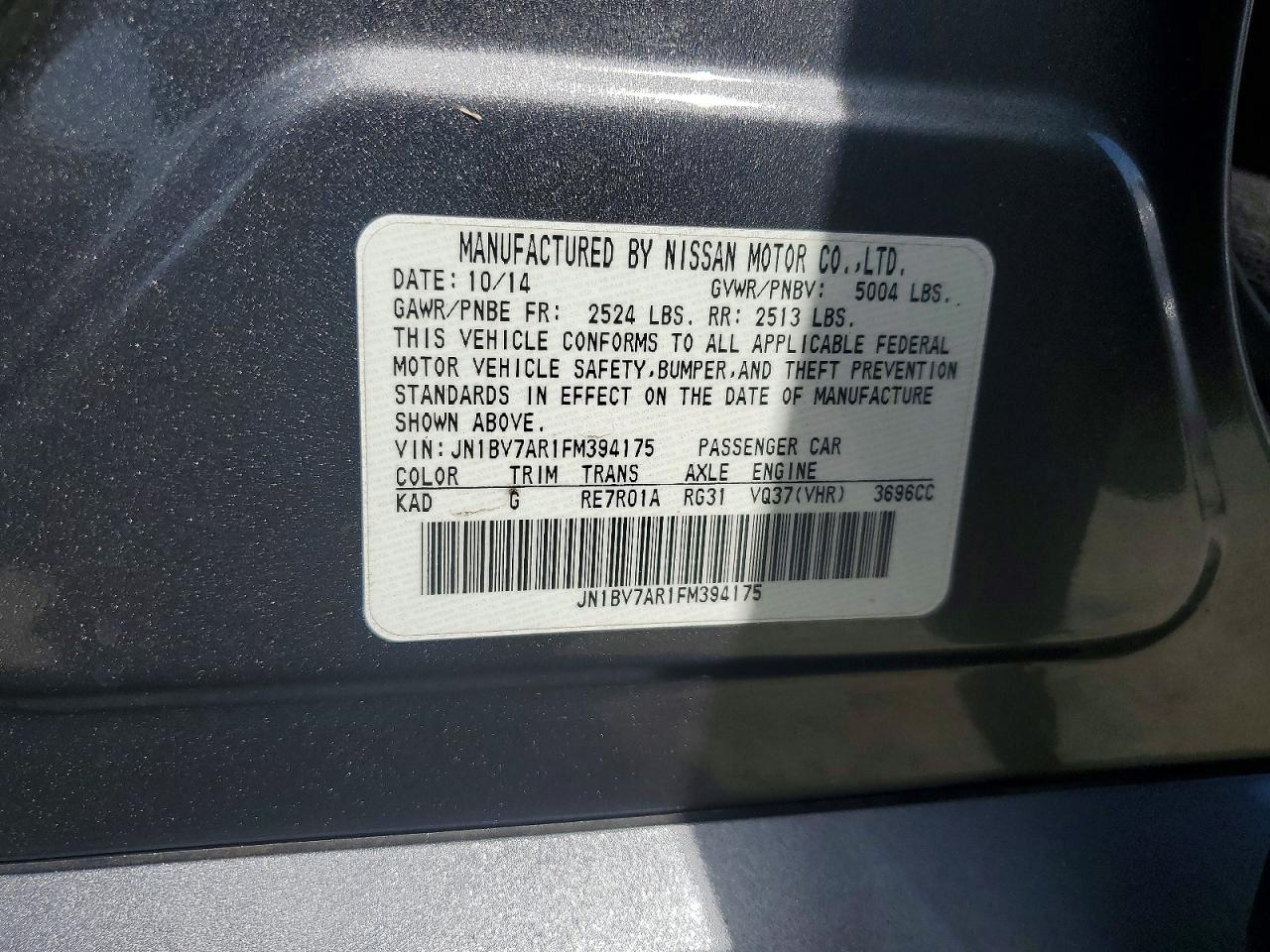 2015 Infiniti Q50 Premium Charcoal vin: JN1BV7AR1FM394175