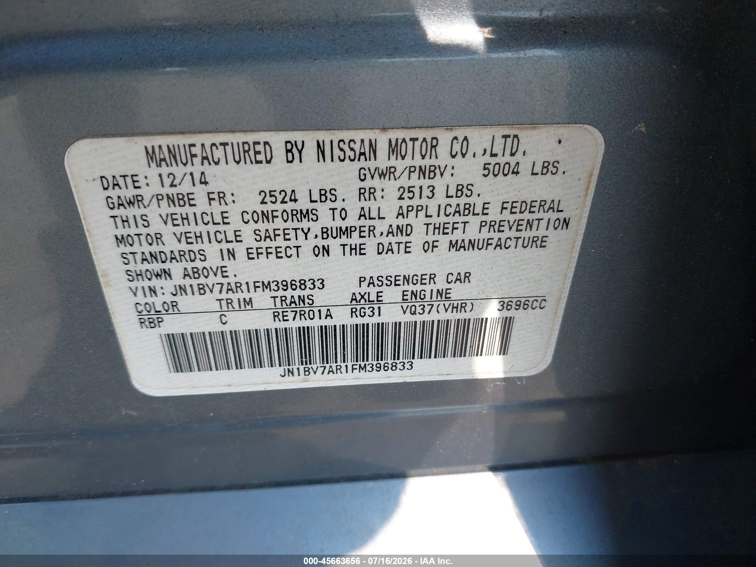 2015 Infiniti Q50 Premium Blue vin: JN1BV7AR1FM396833