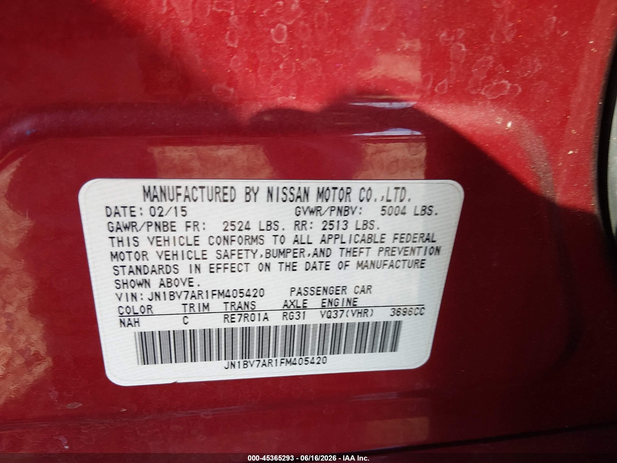 2015 Infiniti Q50 Premium Red vin: JN1BV7AR1FM405420