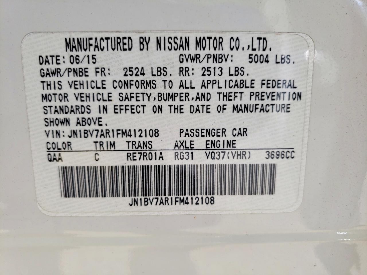 2015 Infiniti Q50 Premium White vin: JN1BV7AR1FM412108