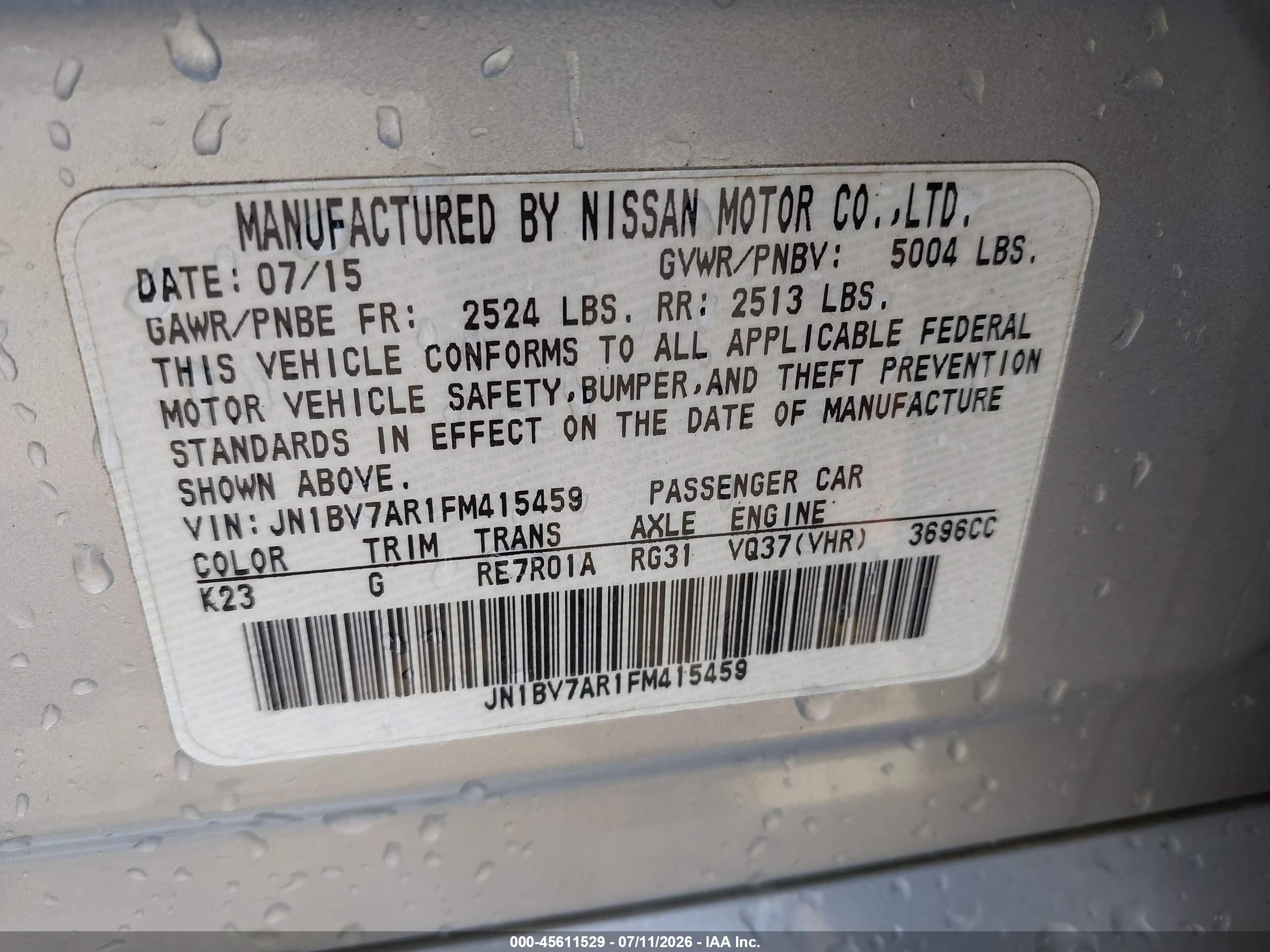 2015 Infiniti Q50   Silver vin: JN1BV7AR1FM415459
