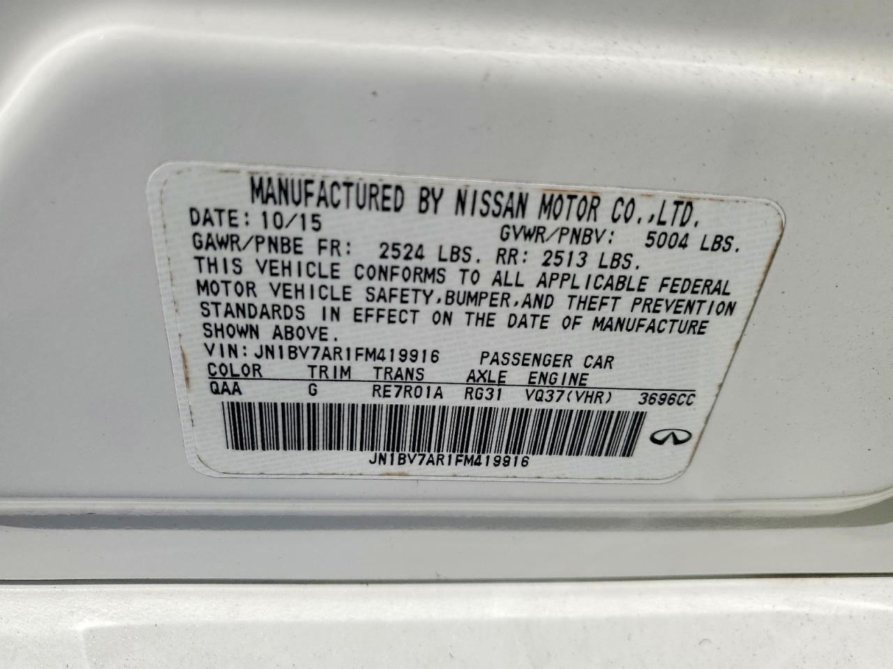 2015 Infiniti Q50 Base White vin: JN1BV7AR1FM419916