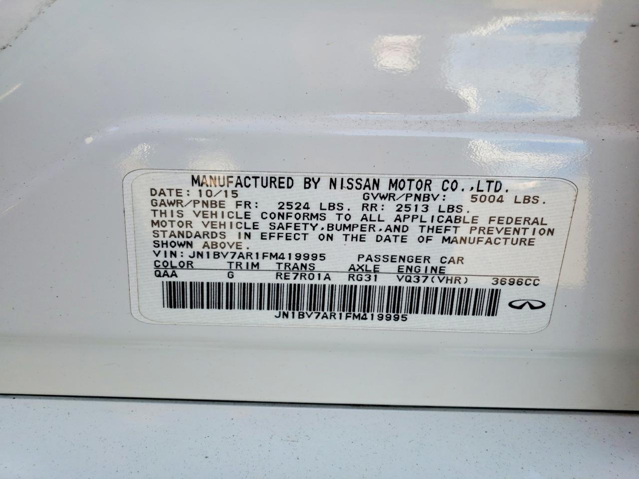2015 Infiniti Q50 Base White vin: JN1BV7AR1FM419995