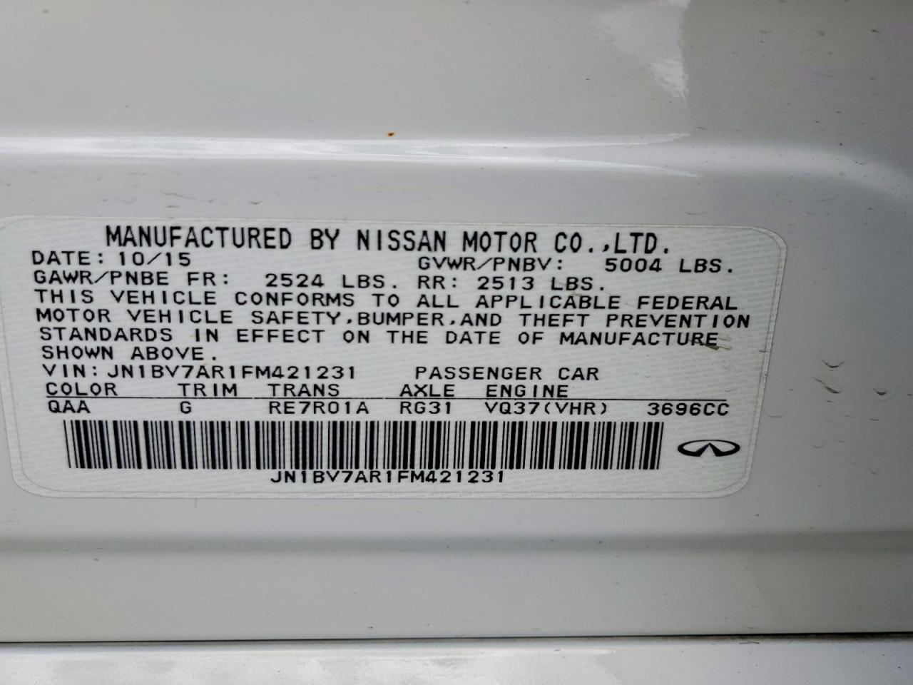 2015 Infiniti Q50 Premium White vin: JN1BV7AR1FM421231