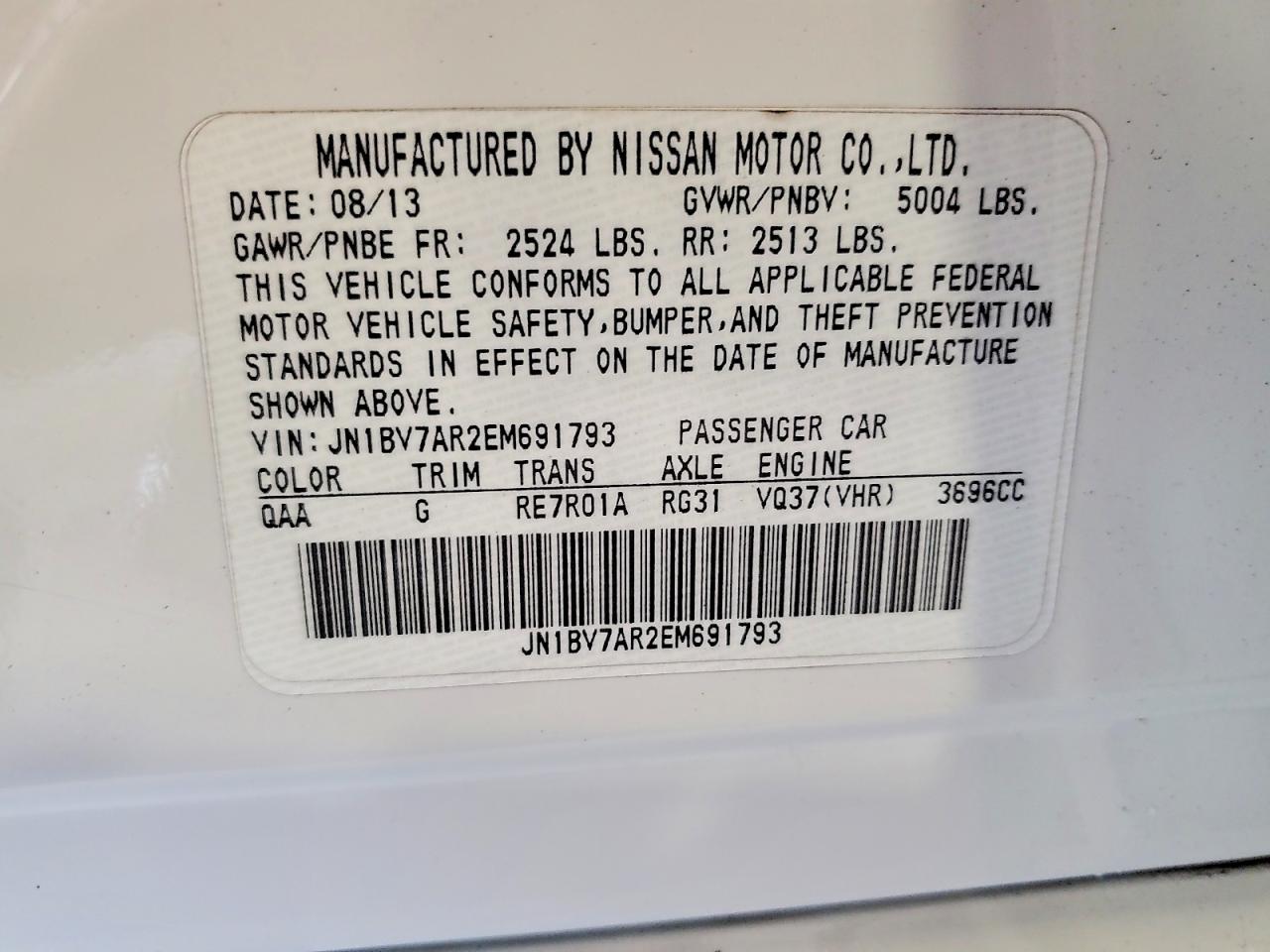 2014 Infiniti Q50 Sport White vin: JN1BV7AR2EM691793