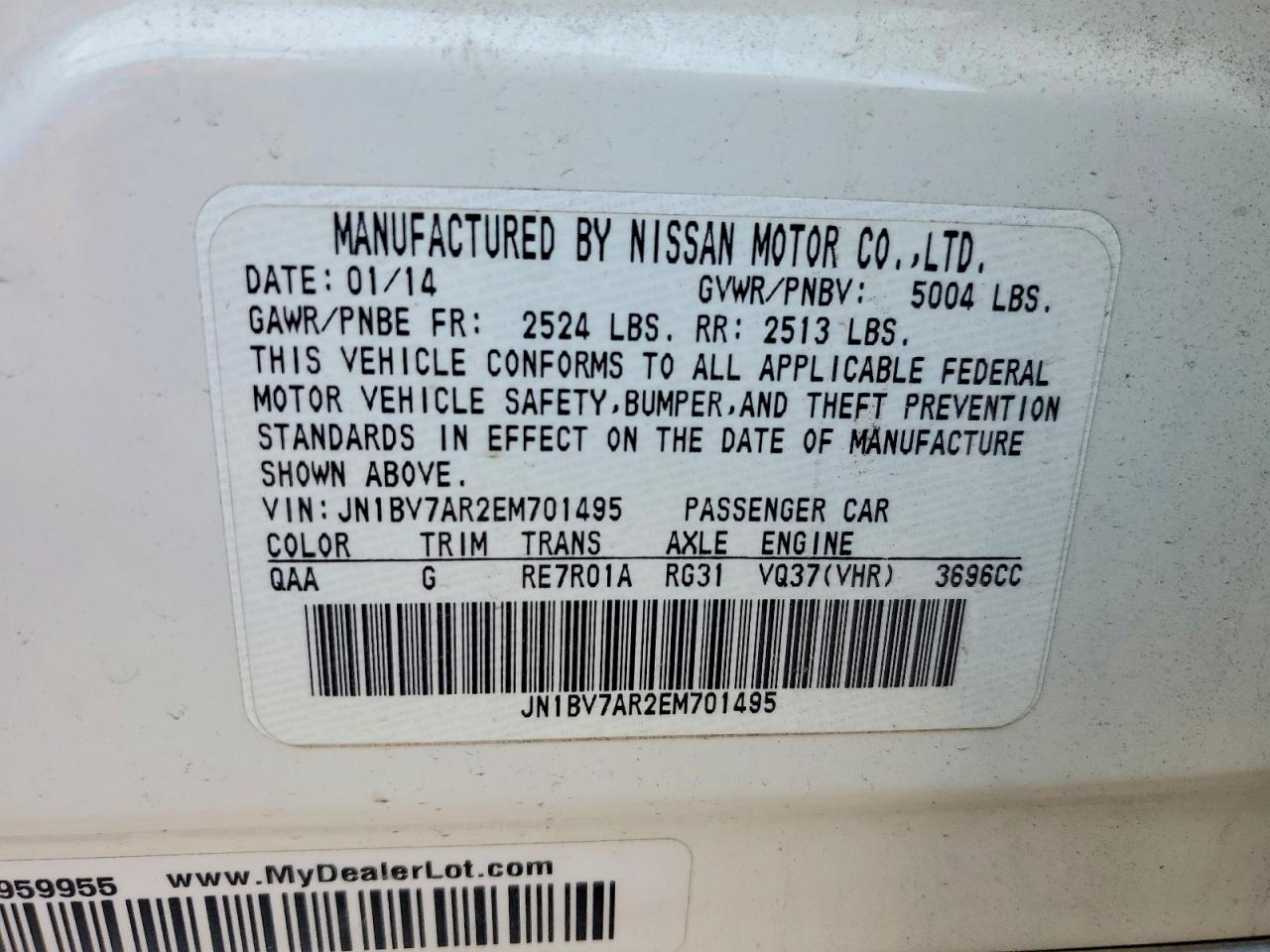 2014 Infiniti Q50 Premium White vin: JN1BV7AR2EM701495