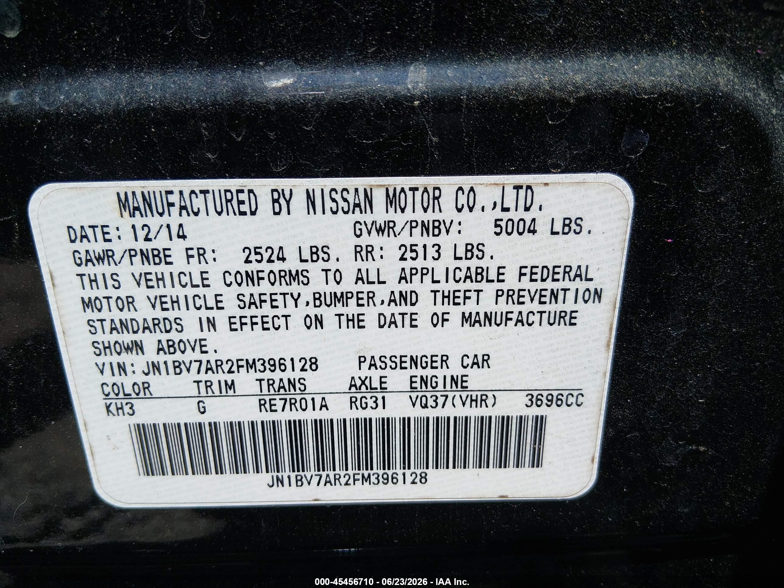 2015 Infiniti Q50   Black vin: JN1BV7AR2FM396128
