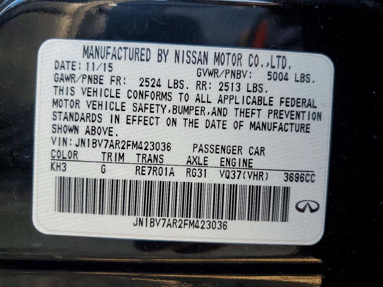 2015 Infiniti Q50 Black vin: JN1BV7AR2FM423036