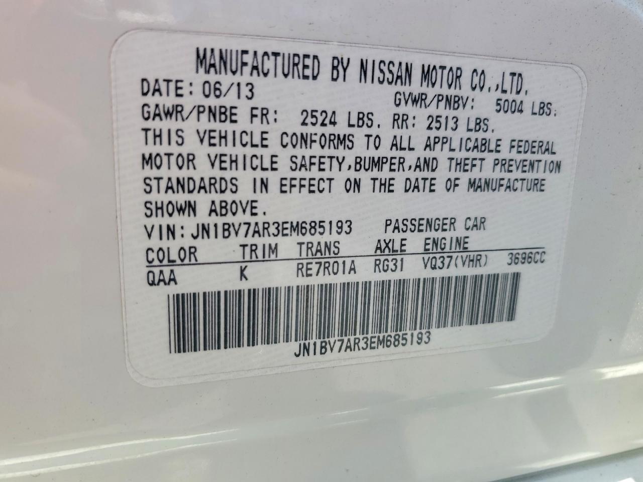 2014 Infiniti Q50 Base White vin: JN1BV7AR3EM685193