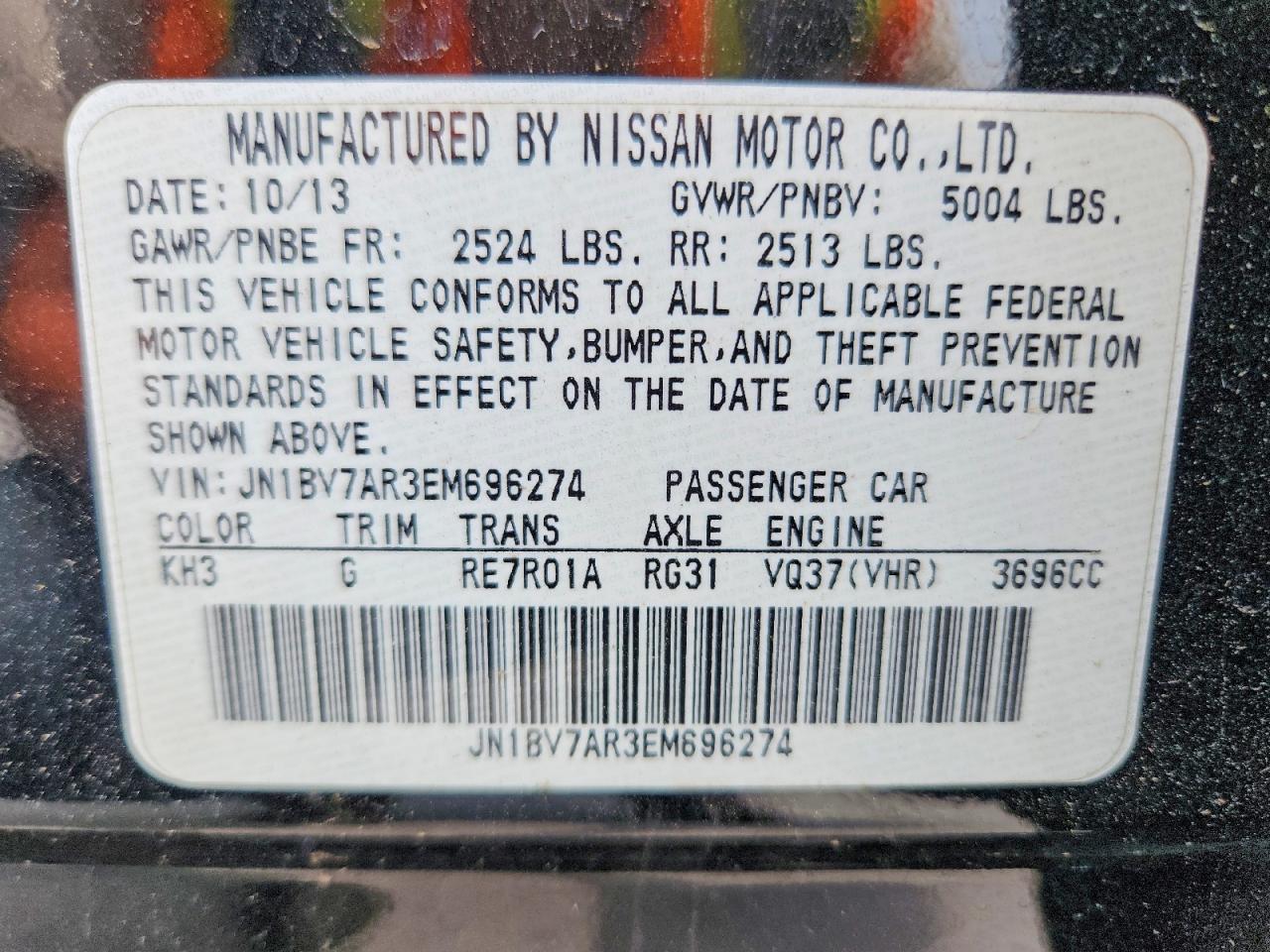 2014 Infiniti Q50 Premium Black vin: JN1BV7AR3EM696274