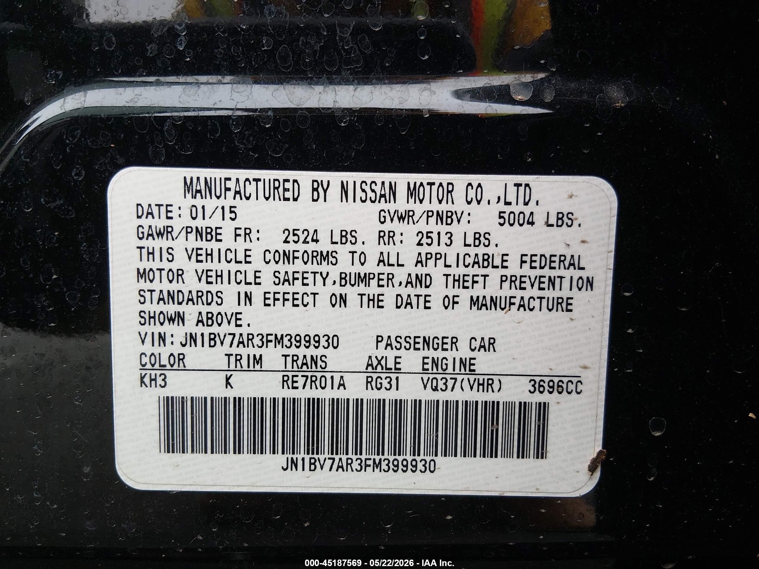 2015 Infiniti Q50 Черный vin: JN1BV7AR3FM399930