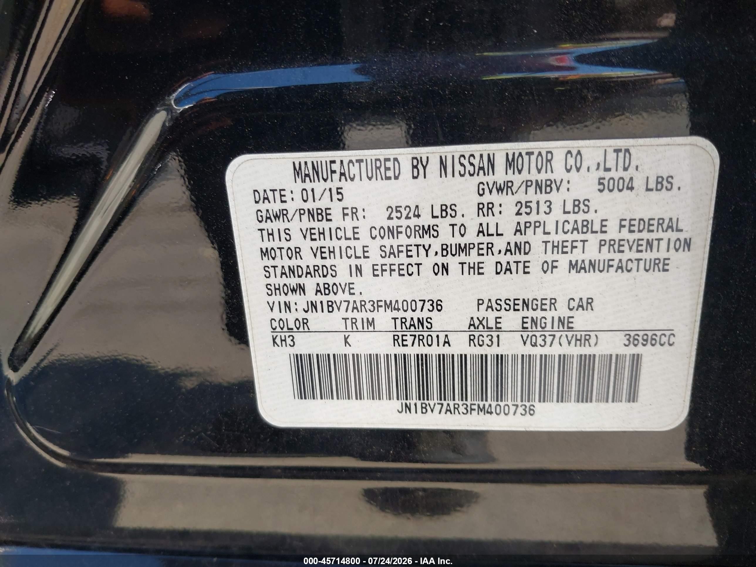 2015 Infiniti Q50 Sport Черный vin: JN1BV7AR3FM400736