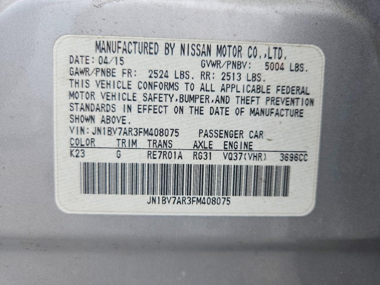 2015 Infiniti Q50 Premium Silver vin: JN1BV7AR3FM408075