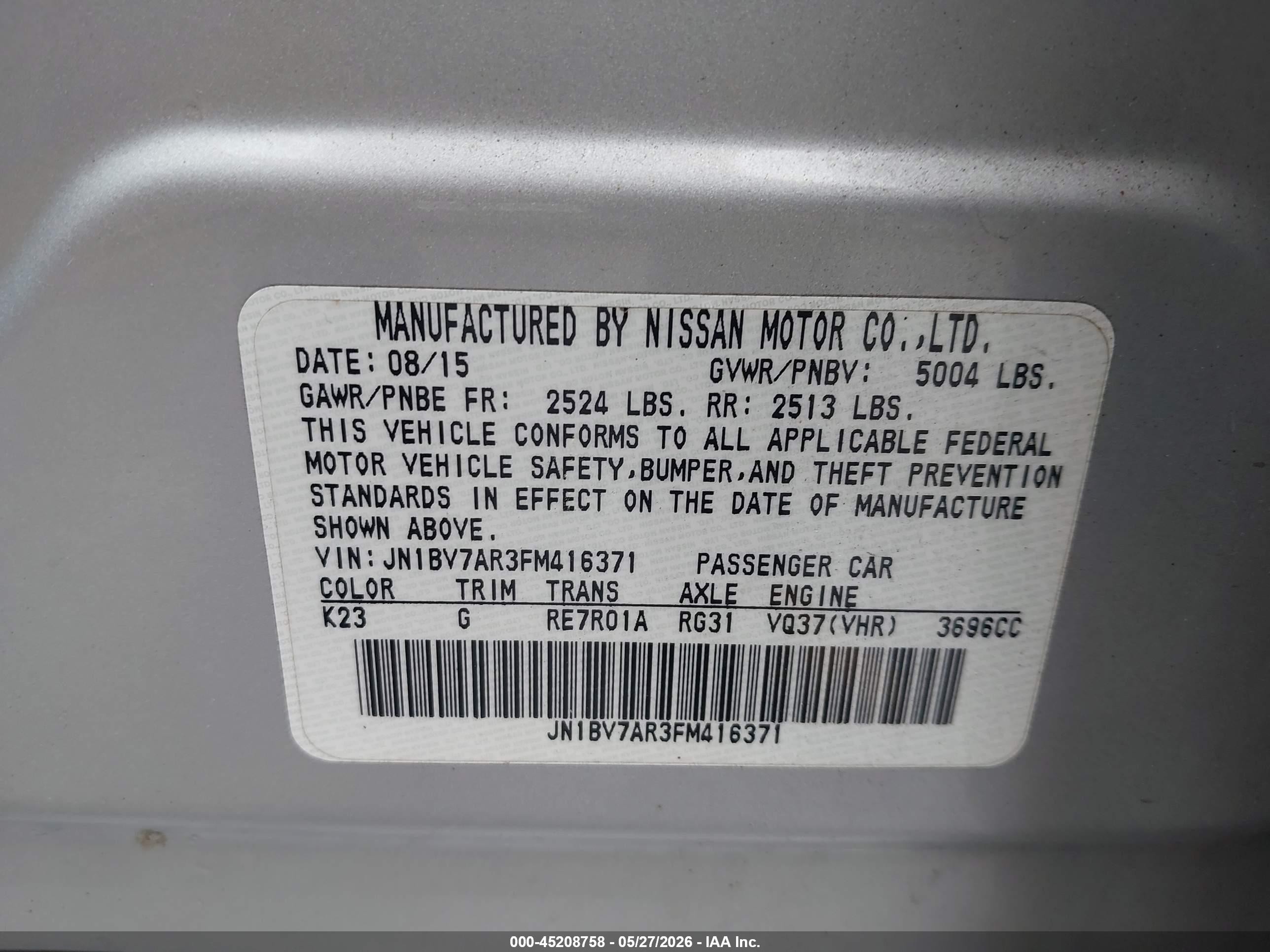 2015 Infiniti Q50 Premium Silver vin: JN1BV7AR3FM416371