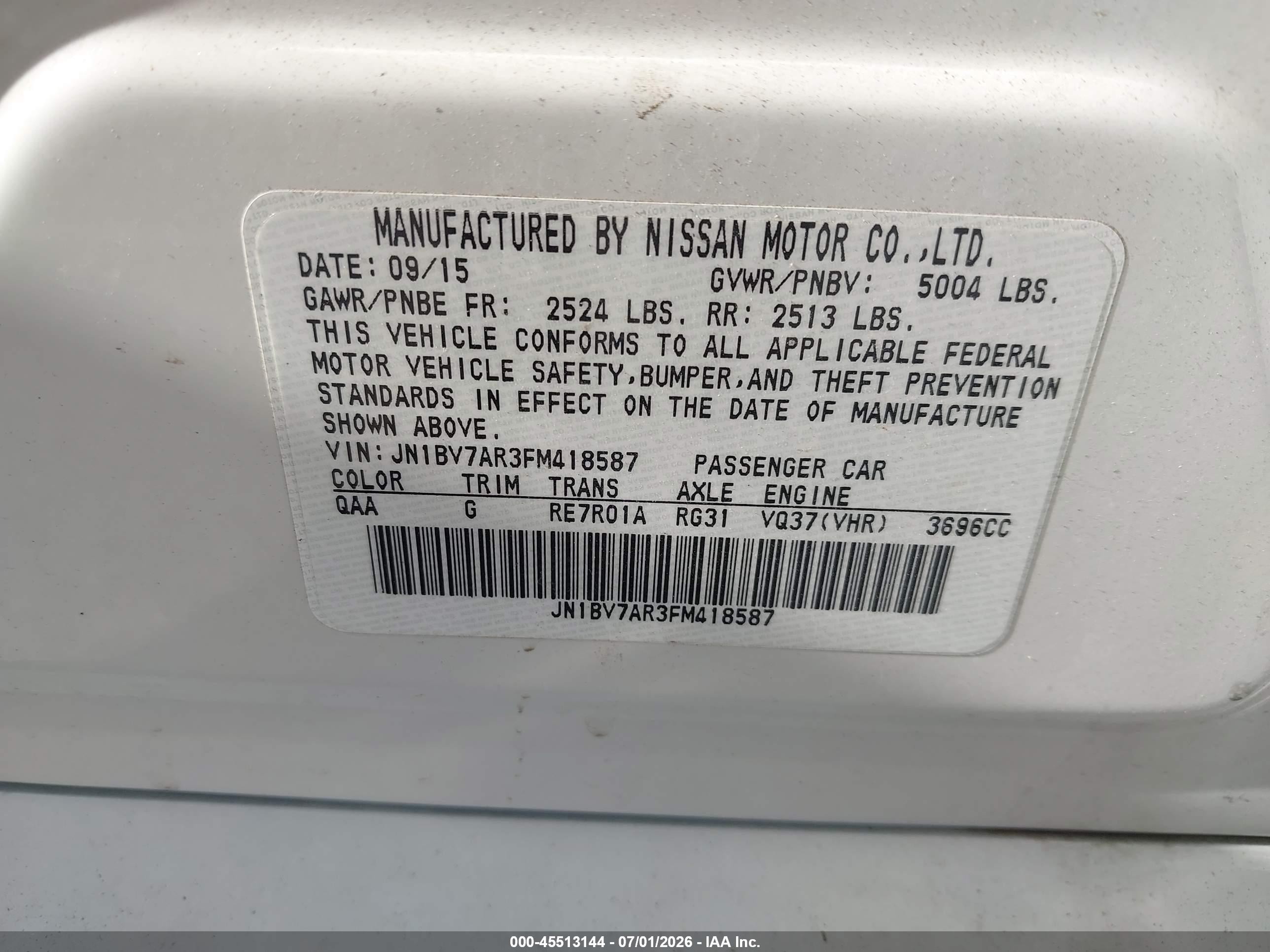 2015 Infiniti Q50 Premium White vin: JN1BV7AR3FM418587