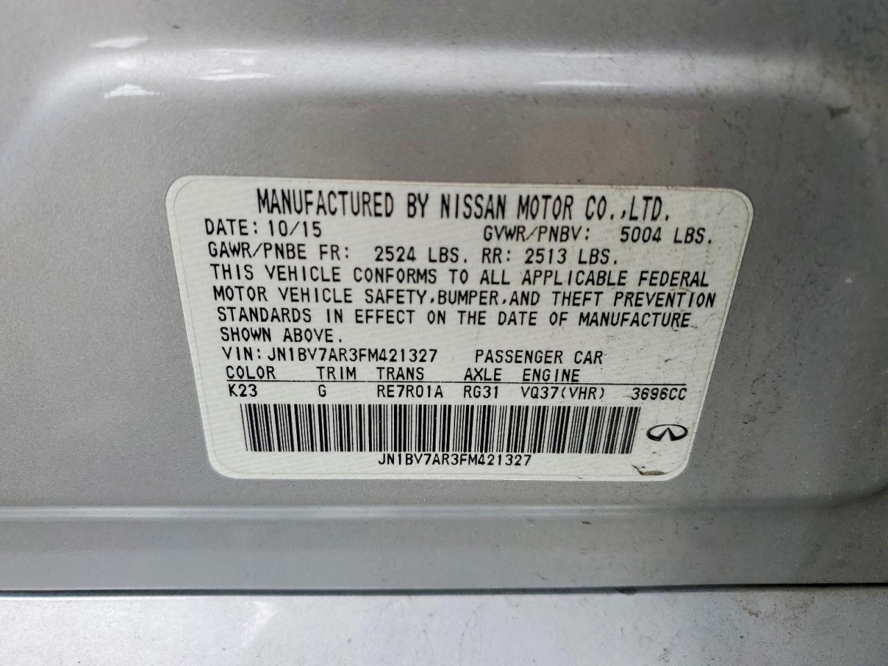 2015 Infiniti Q50 Premium Silver vin: JN1BV7AR3FM421327