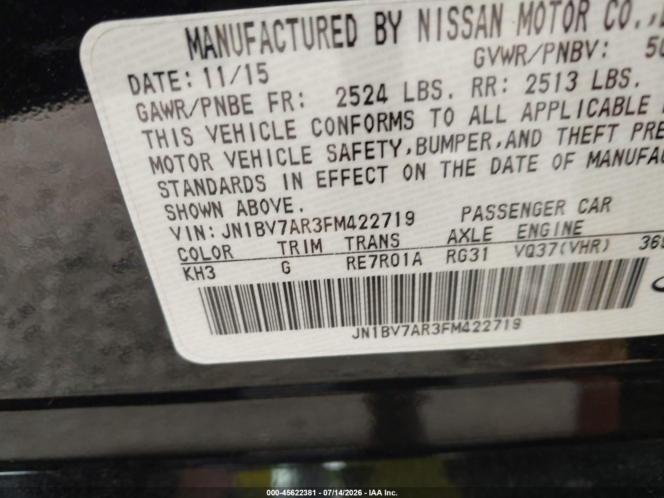 2015 Infiniti Q50 Premium Black vin: JN1BV7AR3FM422719