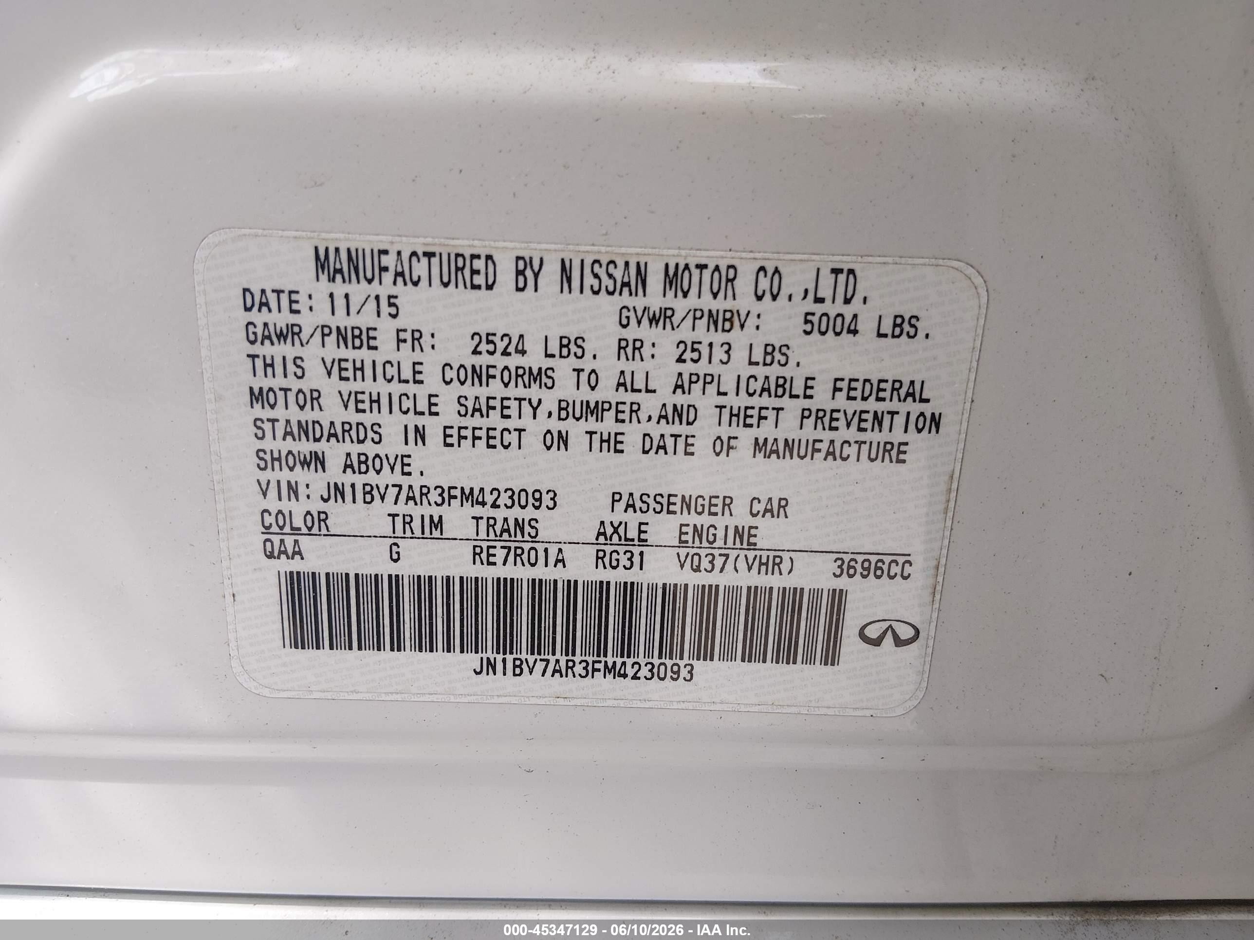 2015 Infiniti Q50 Premium White vin: JN1BV7AR3FM423093