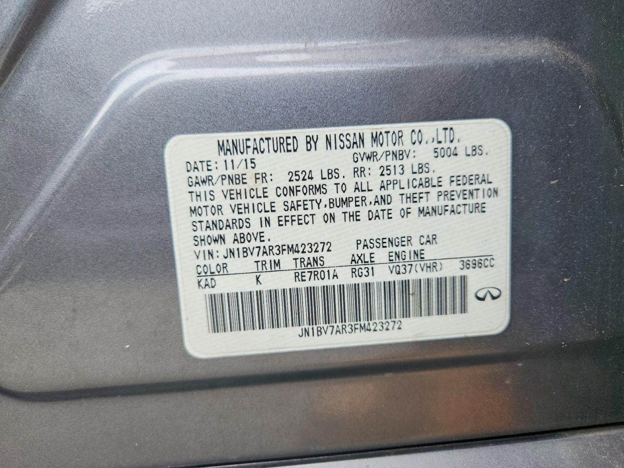 2015 Infiniti Q50 Premium Gray vin: JN1BV7AR3FM423272