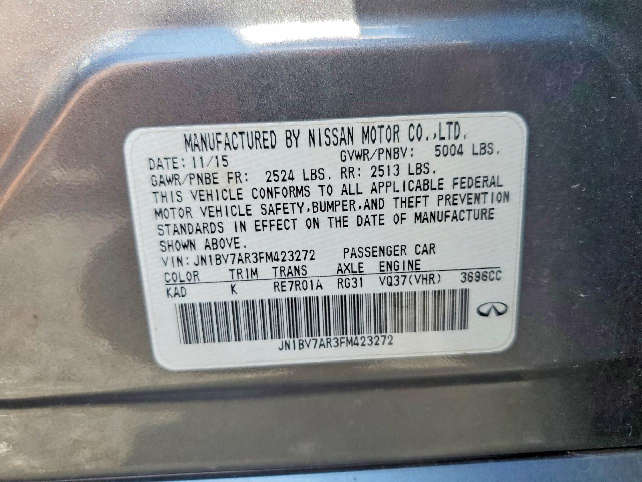 2015 Infiniti Q50 Premium Серый vin: JN1BV7AR3FM423272