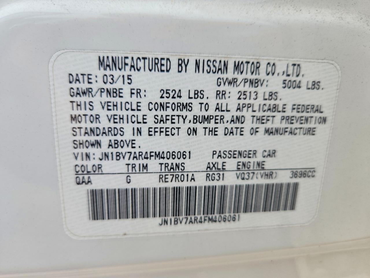 2015 Infiniti Q50 Base White vin: JN1BV7AR4FM406061