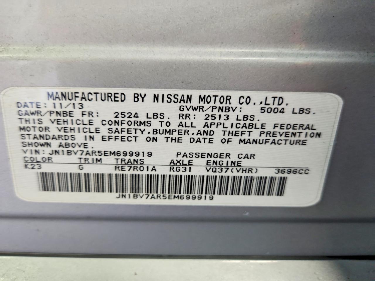 2014 Infiniti Q50 Premium Silver vin: JN1BV7AR5EM699919