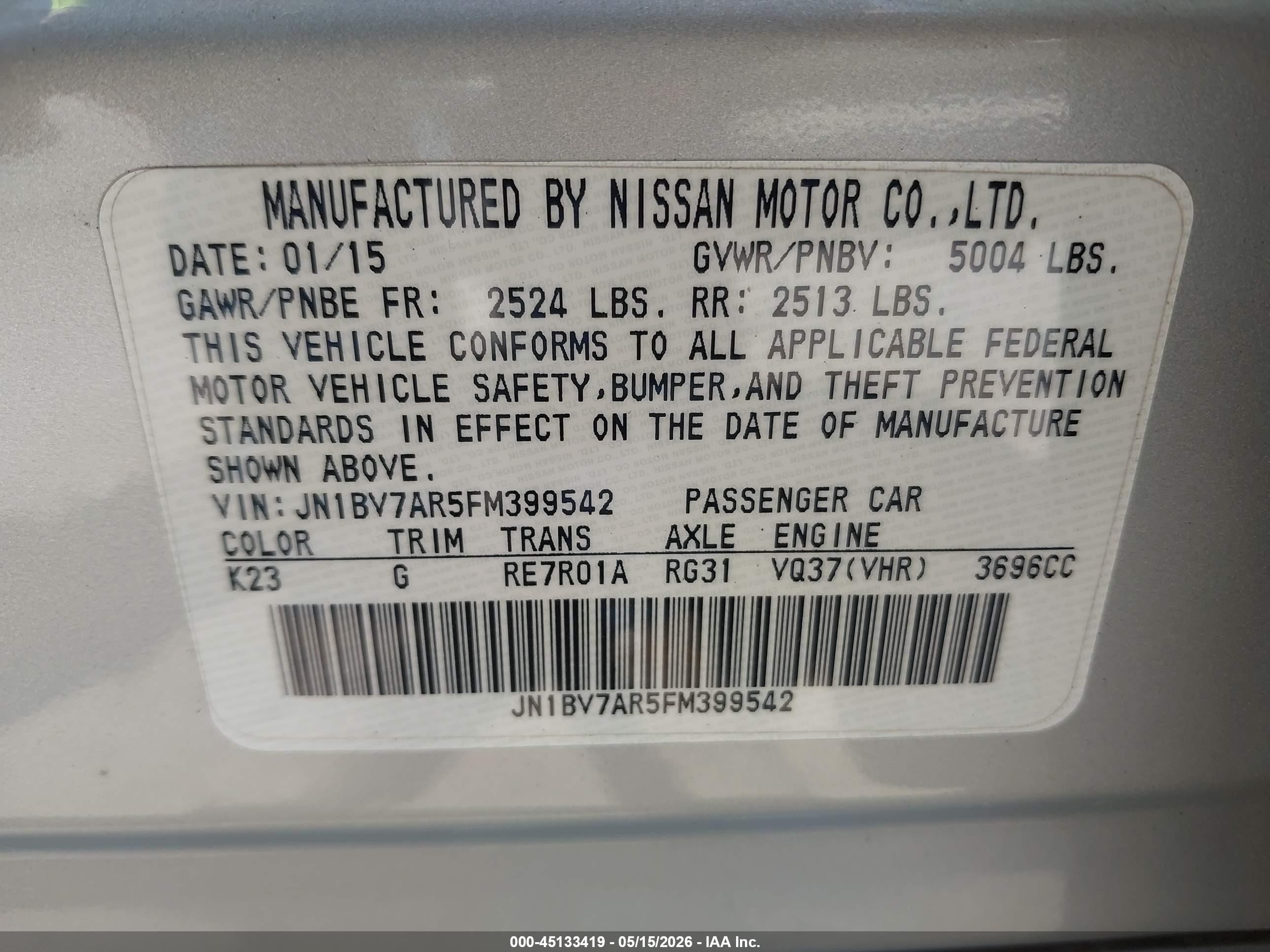 2015 Infiniti Q50 Premium Серебряный vin: JN1BV7AR5FM399542
