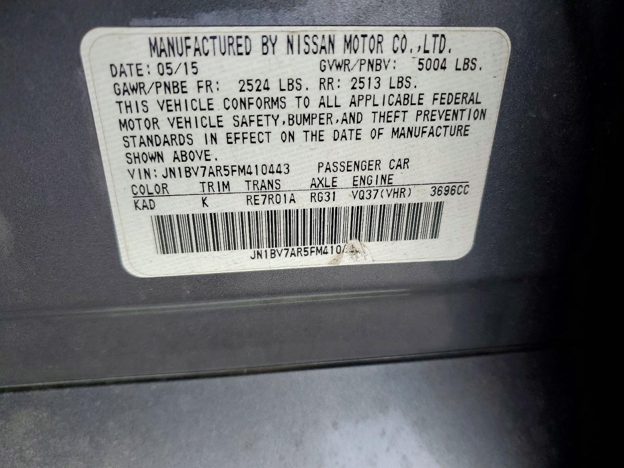 2015 Infiniti Q50 Gray vin: JN1BV7AR5FM410443