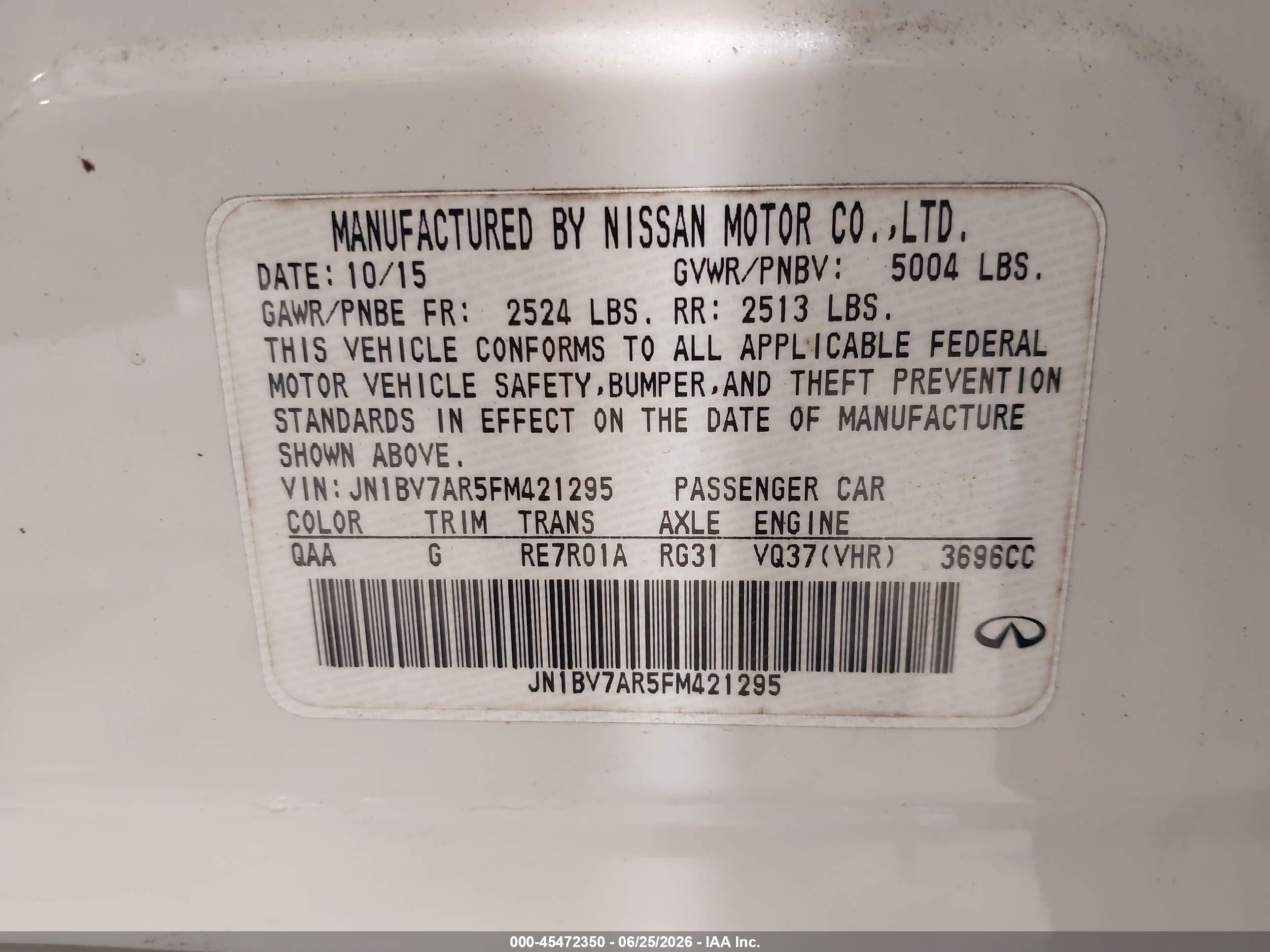 2015 Infiniti Q50 Premium White vin: JN1BV7AR5FM421295
