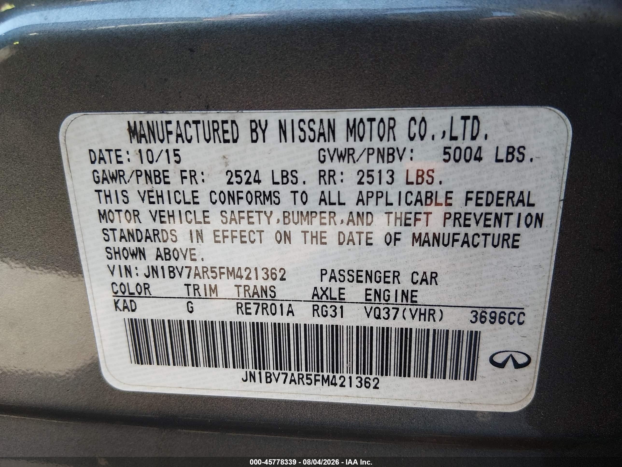 2015 Infiniti Q50 Premium Silver vin: JN1BV7AR5FM421362