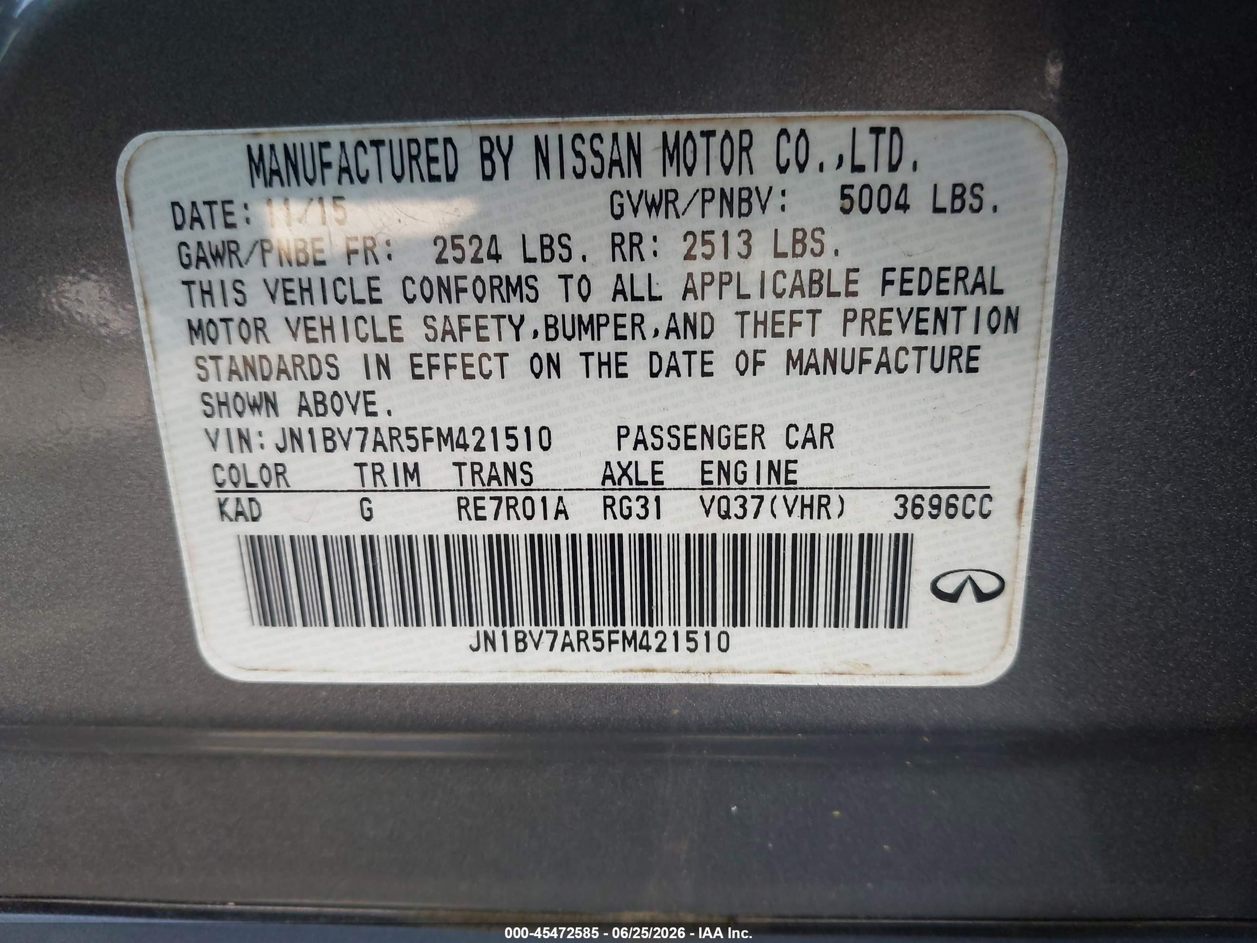 2015 Infiniti Q50 Premium Серый vin: JN1BV7AR5FM421510